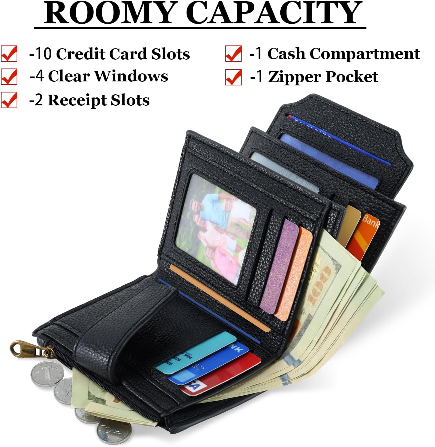 Small Wallet Women RFID Blocking Genuine Leather Bifold Compact Card Holder for Women with Zipper Coin Pocket 4 ID Windows - Image 2