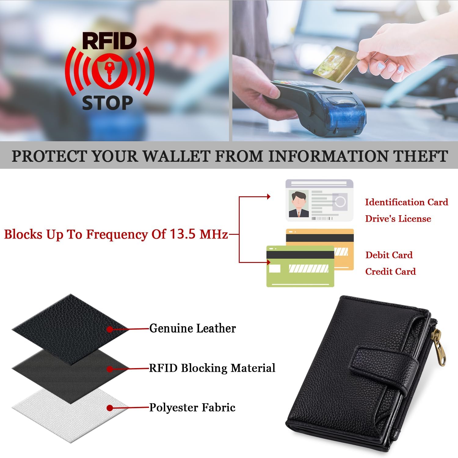 Small Wallet Women RFID Blocking Genuine Leather Bifold Compact Card Holder for Women with Zipper Coin Pocket 4 ID Windows - Image 6