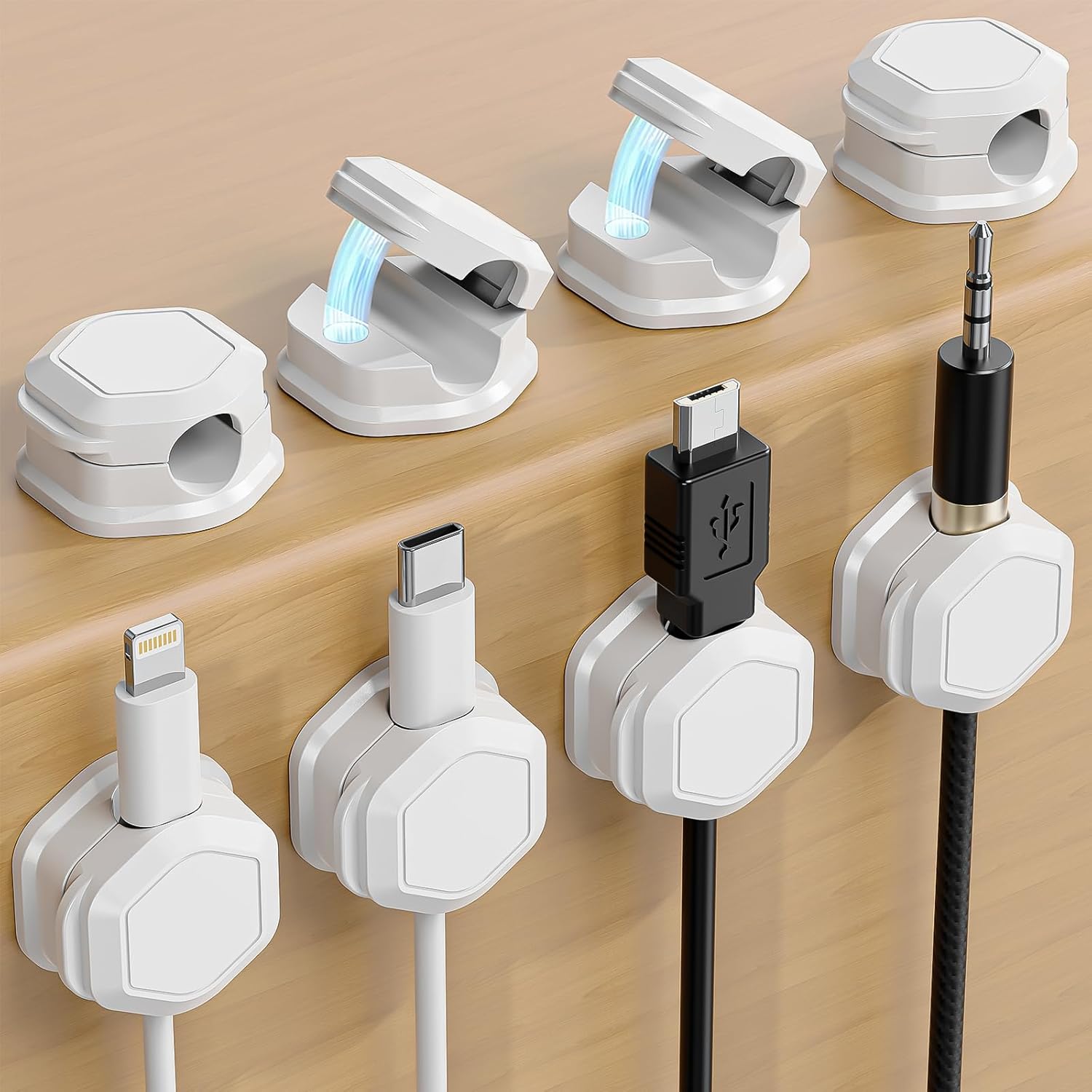8 Pack Cord Holder - Cord Organizer - Magnetic Cable Clips - Cord Organizer for Desk, Nightstand, Phone Charger, Computer, Home, Office, Car (White) - Image 1