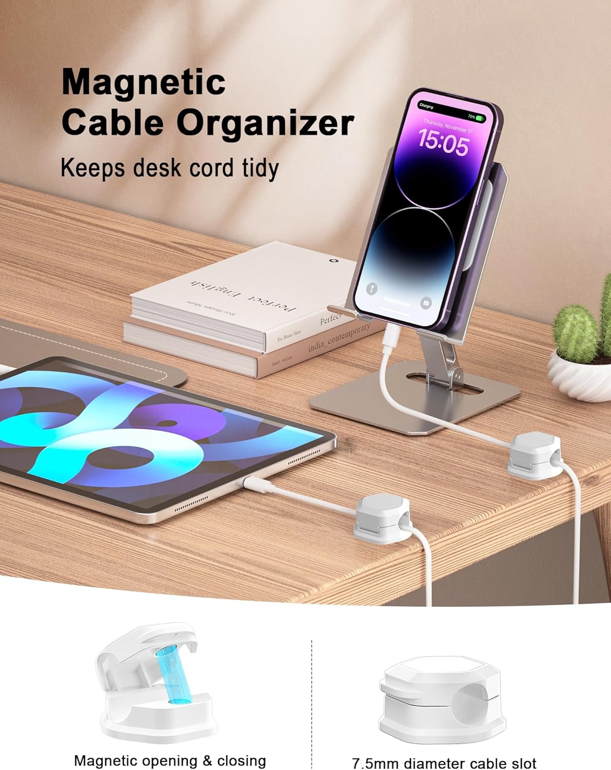 8 Pack Cord Holder - Cord Organizer - Magnetic Cable Clips - Cord Organizer for Desk, Nightstand, Phone Charger, Computer, Home, Office, Car (White) - Image 2