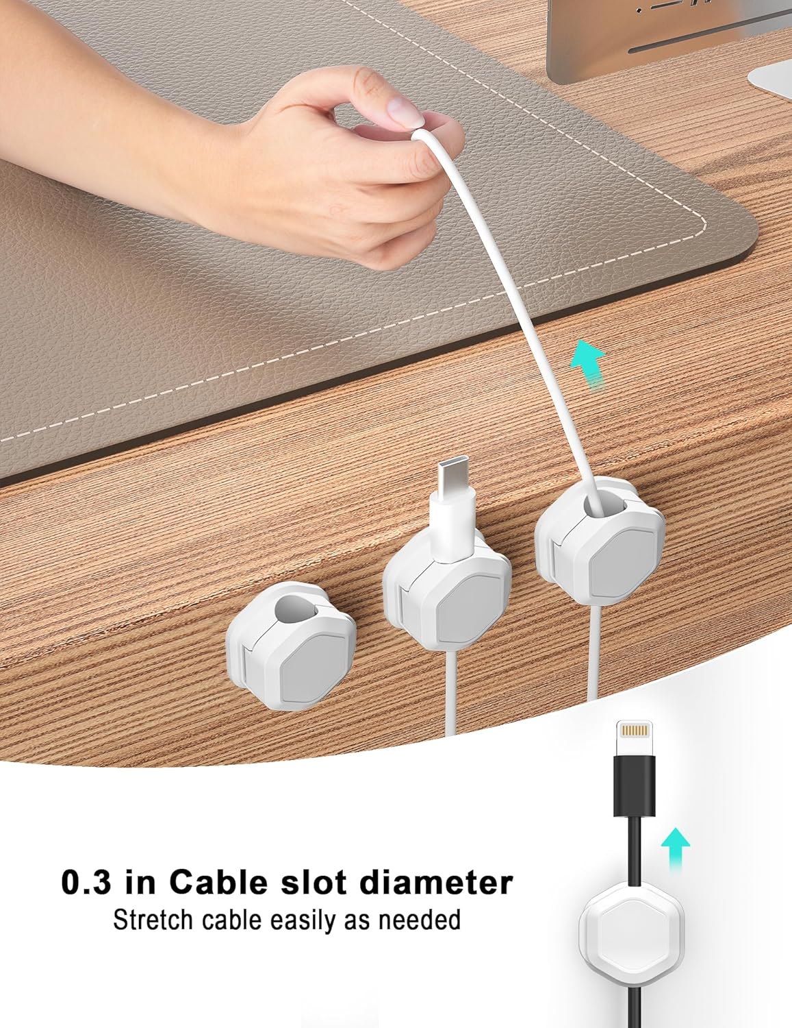 8 Pack Cord Holder - Cord Organizer - Magnetic Cable Clips - Cord Organizer for Desk, Nightstand, Phone Charger, Computer, Home, Office, Car (White) - Image 3