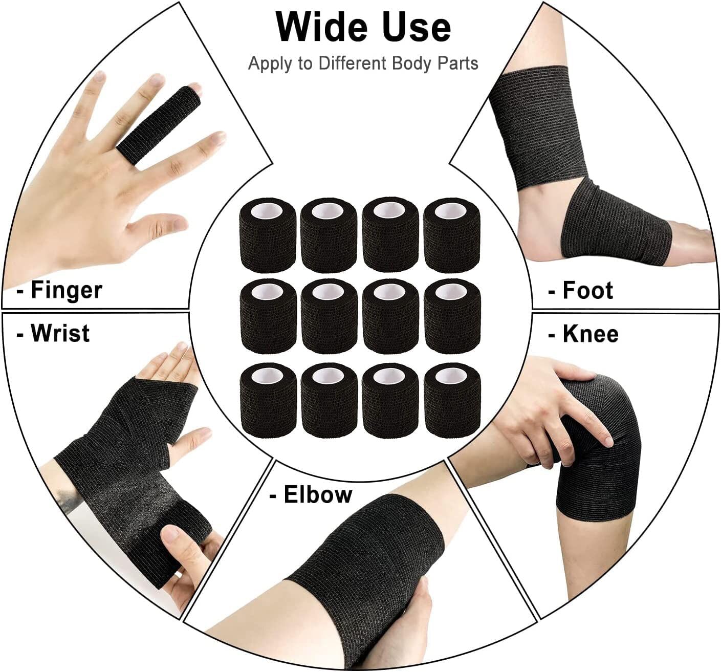 Self Adhesive Bandage Wrap,12 Pack 2 Inch x 5 Yards Elastic Vet Wrap for Sports Supply Ankle Sprains Protection,Breathable Cohesive Bandage Tape (Black) - Image 3