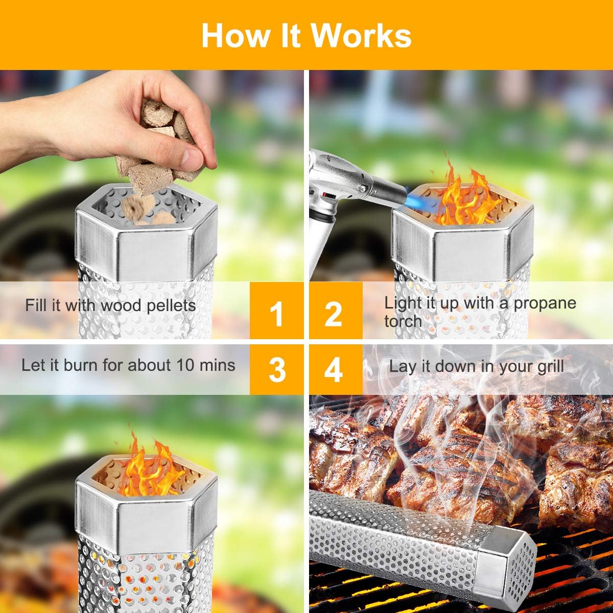 Pellet Smoker Tube, 2 Pack 12'' Stainless Steel BBQ Wood Pellet Tube Smoker, for Cold/Hot Smoking - Image 2