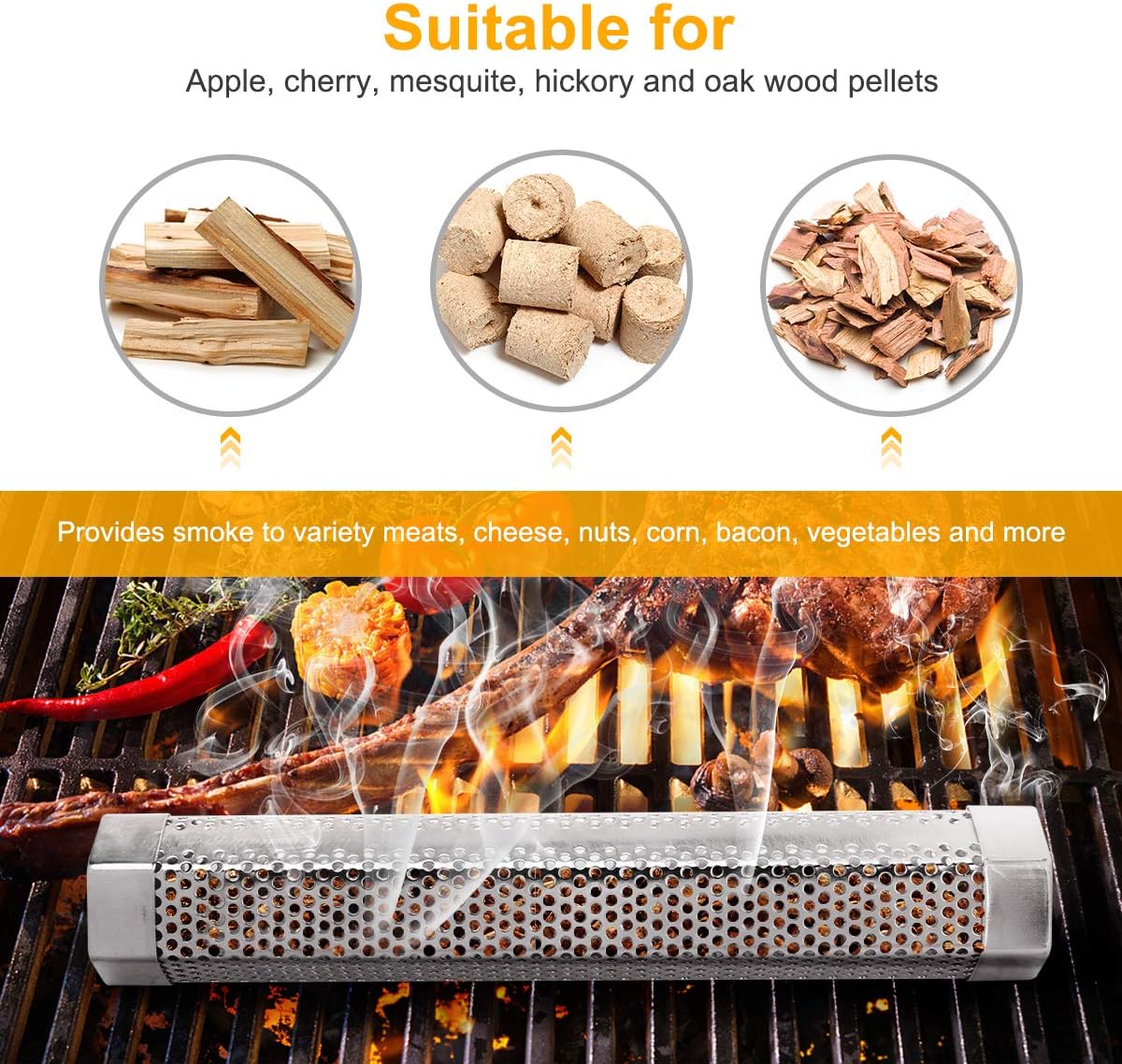Pellet Smoker Tube, 2 Pack 12'' Stainless Steel BBQ Wood Pellet Tube Smoker, for Cold/Hot Smoking - Image 3