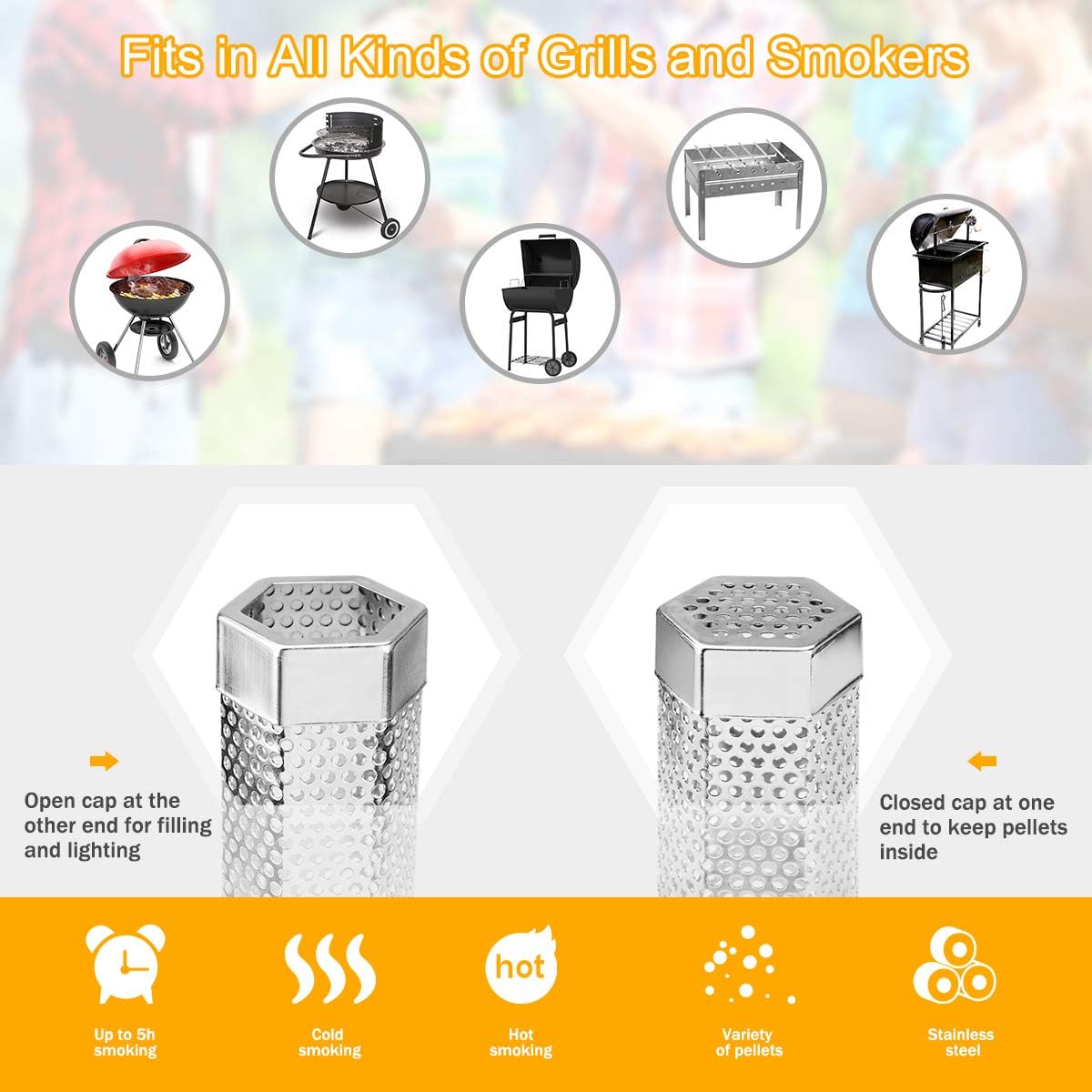 Pellet Smoker Tube, 2 Pack 12'' Stainless Steel BBQ Wood Pellet Tube Smoker, for Cold/Hot Smoking - Image 4