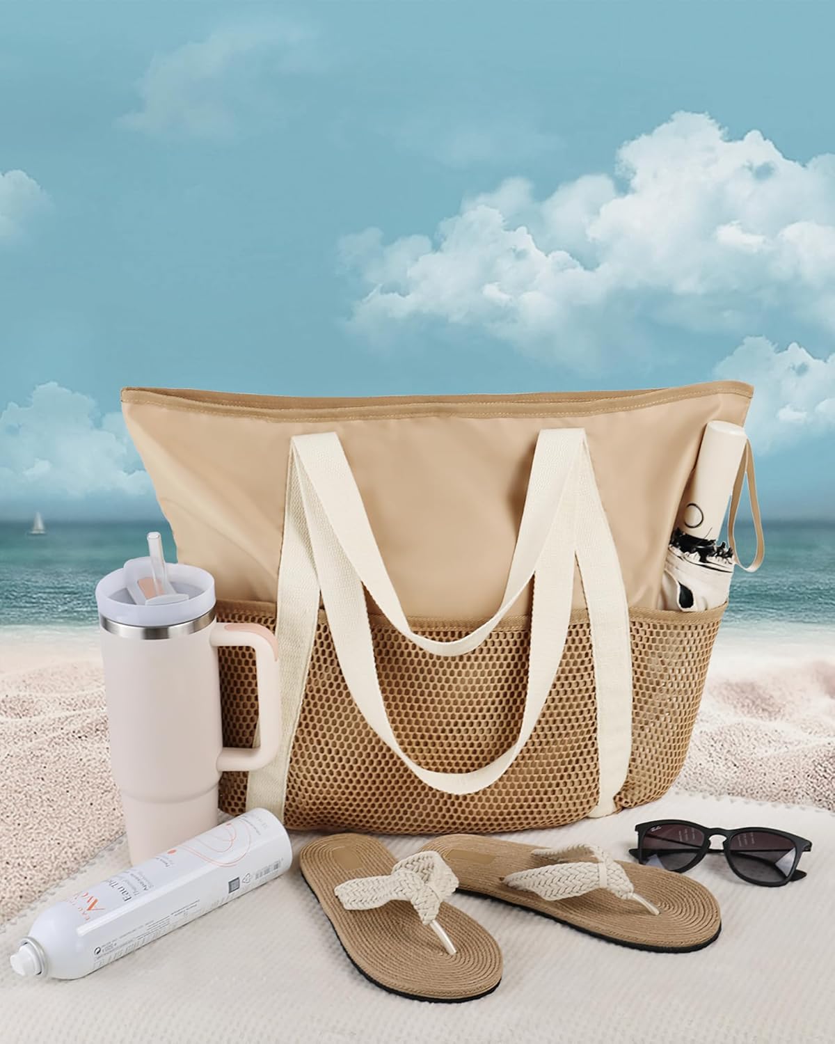 Beach Bag Large Waterproof Sandproof Tote for Women with Zipper and Mesh Pockets - Image 3