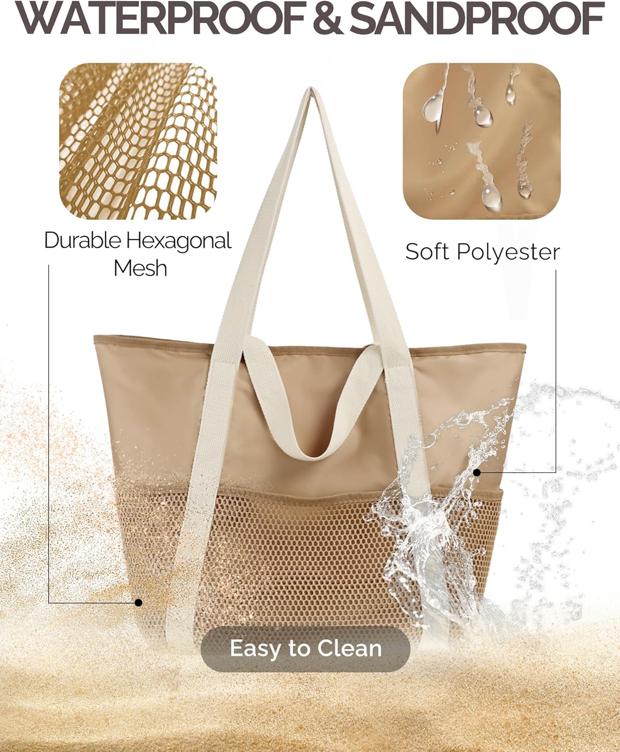 Beach Bag Large Waterproof Sandproof Tote for Women with Zipper and Mesh Pockets - Image 4