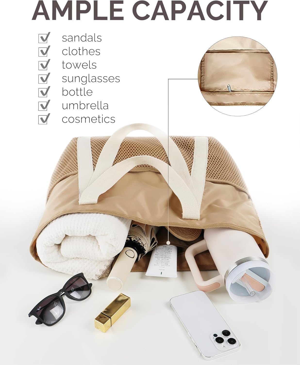Beach Bag Large Waterproof Sandproof Tote for Women with Zipper and Mesh Pockets - Image 6