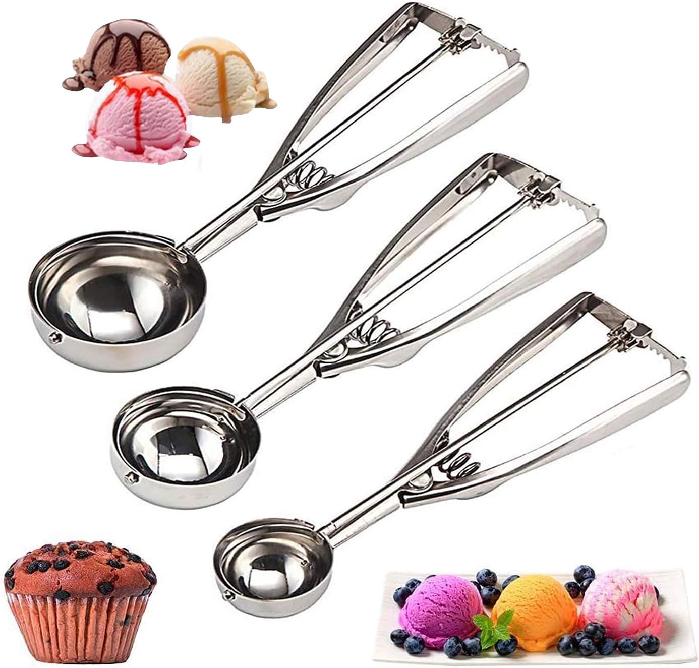 Cookie Scoop Set 3 PCS, with Trigger Large-Medium-Small Size for Kitchen Family Ice Cream Cookie Cupcake Muffin Meatbal Multipurpose tainless Steel Ice Cream Scooper - Image 1