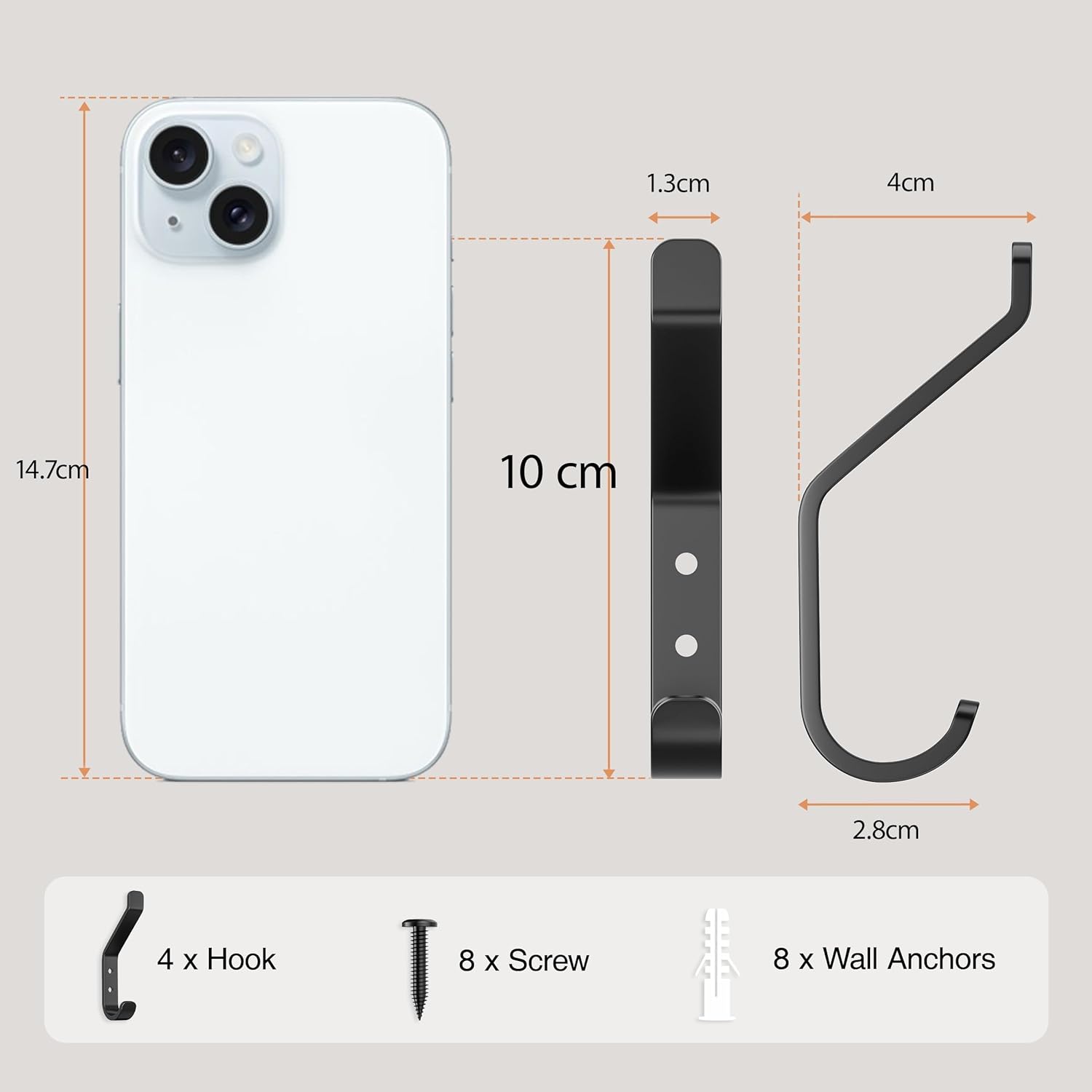 10-Pack Coat Hook for Hanging, 10KG (Max), Stainless Wall Hooks for Towel, Hat, Backpack, Key, Clothes, Wall Mounted Coat Hanger for Closet, Black 10 CM - Image 3