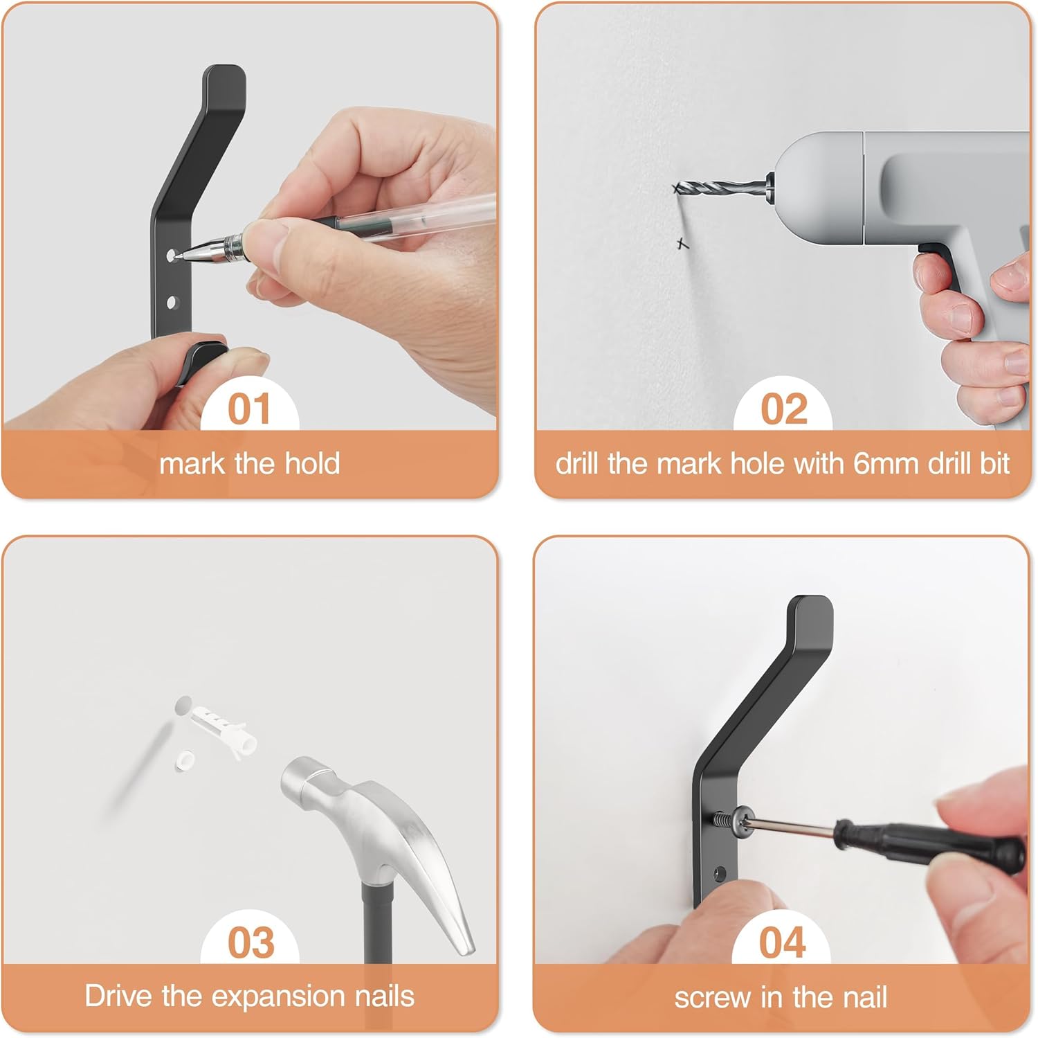 10-Pack Coat Hook for Hanging, 10KG (Max), Stainless Wall Hooks for Towel, Hat, Backpack, Key, Clothes, Wall Mounted Coat Hanger for Closet, Black 10 CM - Image 5
