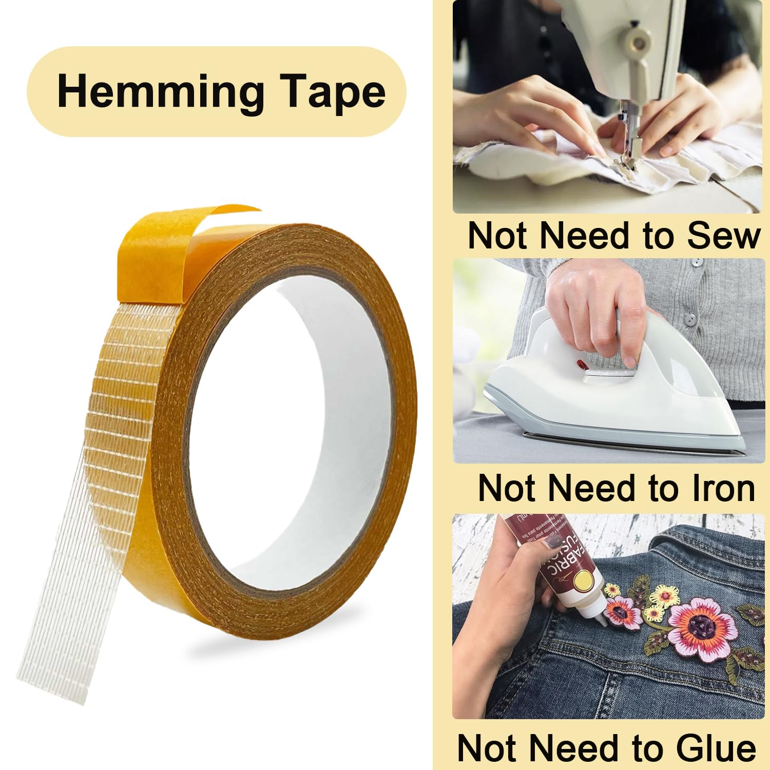 Heavy Duty Double Sided Fabric Tape, 1 Inch X 33FT Stitch Witchery Hem Tape for Pants Clothes Curtain Fabric Sofa Covers, No Sewing Ironing, Strong Adhesive Tape for Rug, Carpet, Art - Image 2