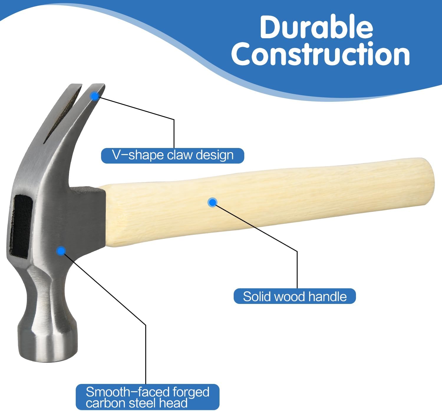16oz Claw Hammer, General Purpose Claw Hammer with Wooden Handle & Forged Steel Head - Image 6