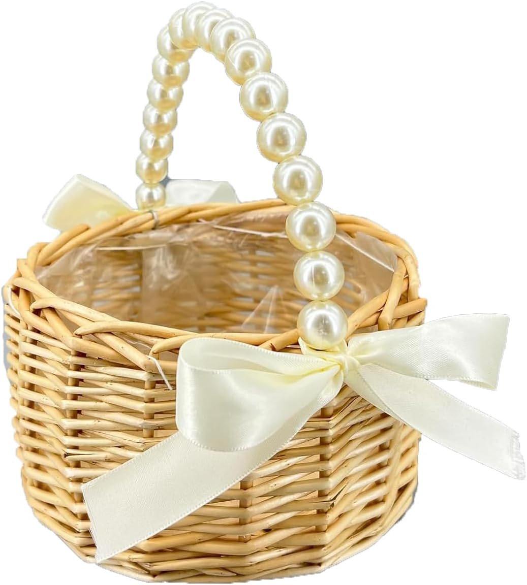 Wicker Rattan Flower Girl Basket with Bows,Pearl Handle Flower Basket,Wedding Flower Girl Basket and Home Decorations. (1) - Image 1