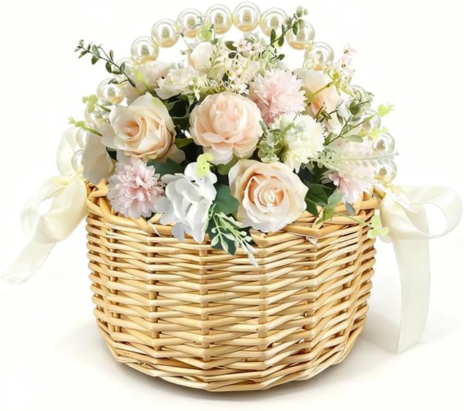 Wicker Rattan Flower Girl Basket with Bows,Pearl Handle Flower Basket,Wedding Flower Girl Basket and Home Decorations. (1) - Image 2