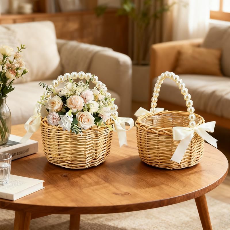 Wicker Rattan Flower Girl Basket with Bows,Pearl Handle Flower Basket,Wedding Flower Girl Basket and Home Decorations. (1) - Image 3
