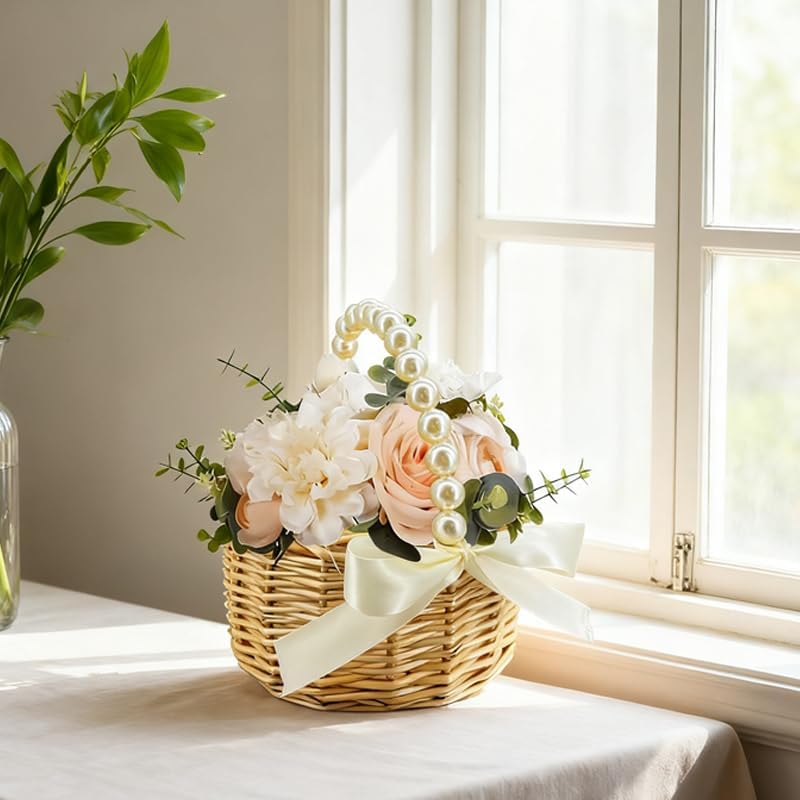 Wicker Rattan Flower Girl Basket with Bows,Pearl Handle Flower Basket,Wedding Flower Girl Basket and Home Decorations. (1) - Image 4