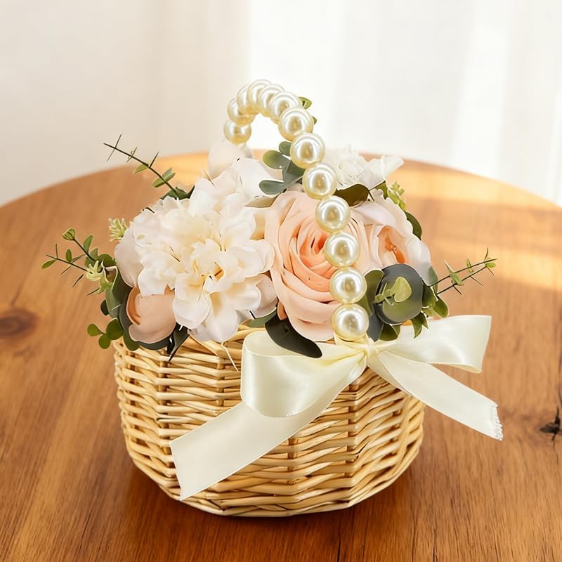 Wicker Rattan Flower Girl Basket with Bows,Pearl Handle Flower Basket,Wedding Flower Girl Basket and Home Decorations. (1) - Image 5