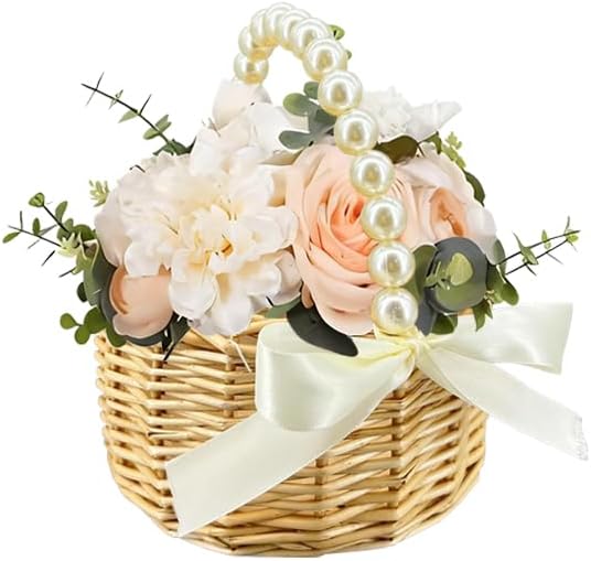 Wicker Rattan Flower Girl Basket with Bows,Pearl Handle Flower Basket,Wedding Flower Girl Basket and Home Decorations. (1) - Image 6
