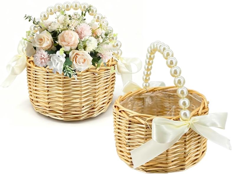 Wicker Rattan Flower Girl Basket with Bows,Pearl Handle Flower Basket,Wedding Flower Girl Basket and Home Decorations. (1) - Image 7