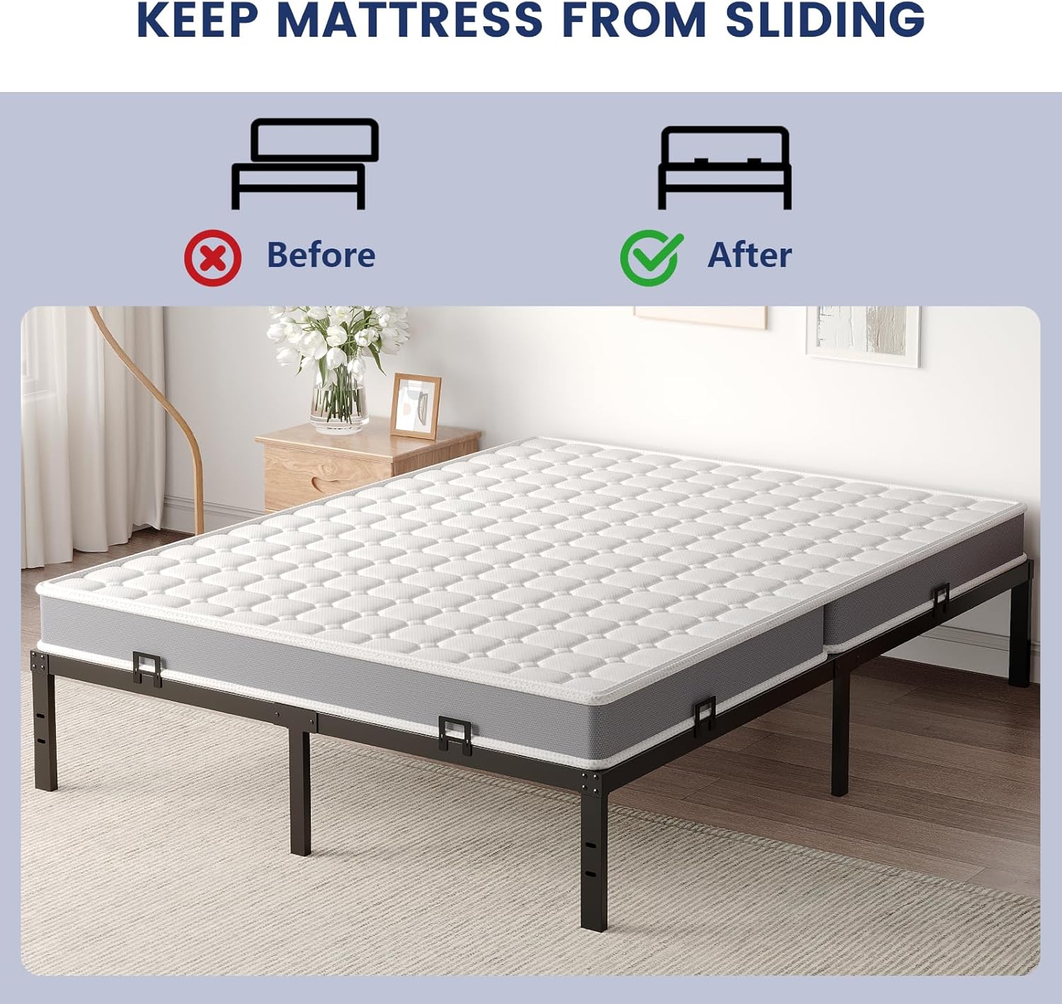 Non Slip Mattress Gaskets for Metal Bed Frame, Mattress Holder in Place Gripper, Adjustable Mattress Retainer Bar, Keep Mattress from Sliding Gripper, 4 PCS, Black - Image 3
