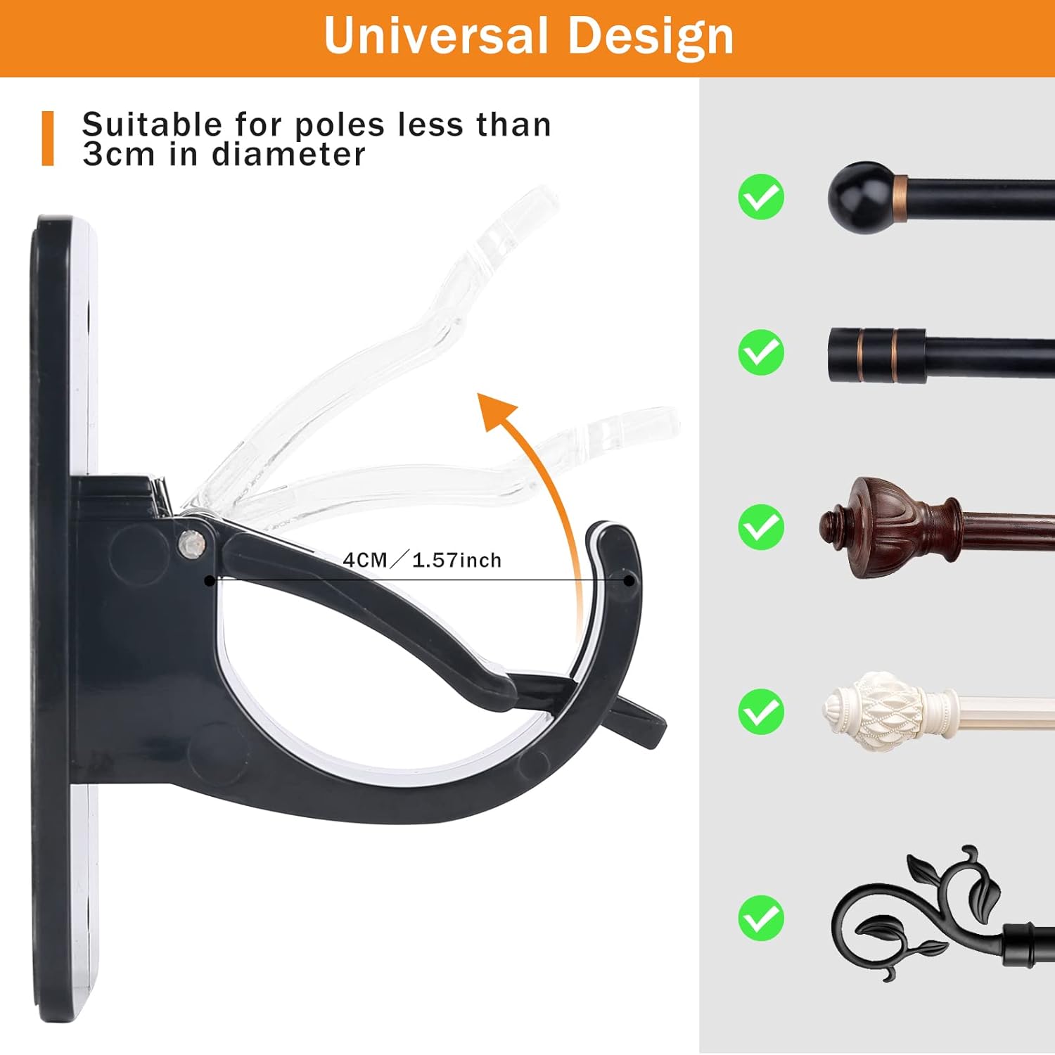 4Pcs Self-Adhesive Curtain Rod Clips, Universal Plastic Curtain Rod Clips, No Drilling,for C urtain Rods up to 40mm (Black) (Curtain Rod Not Included) - Image 5