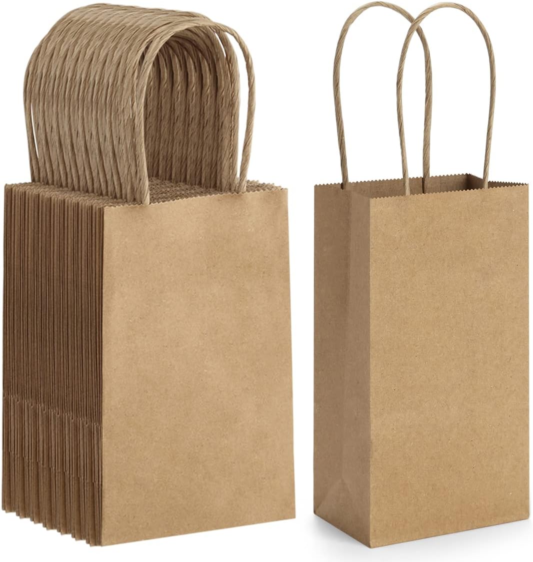 50 Pack 3.5x2.4x6.7 Inches Small Kraft Paper Gift Bags with Handles Bulk Mini Party Favor Bags Candy Bags 100% Recyclable Brown Paper Bag - Image 1