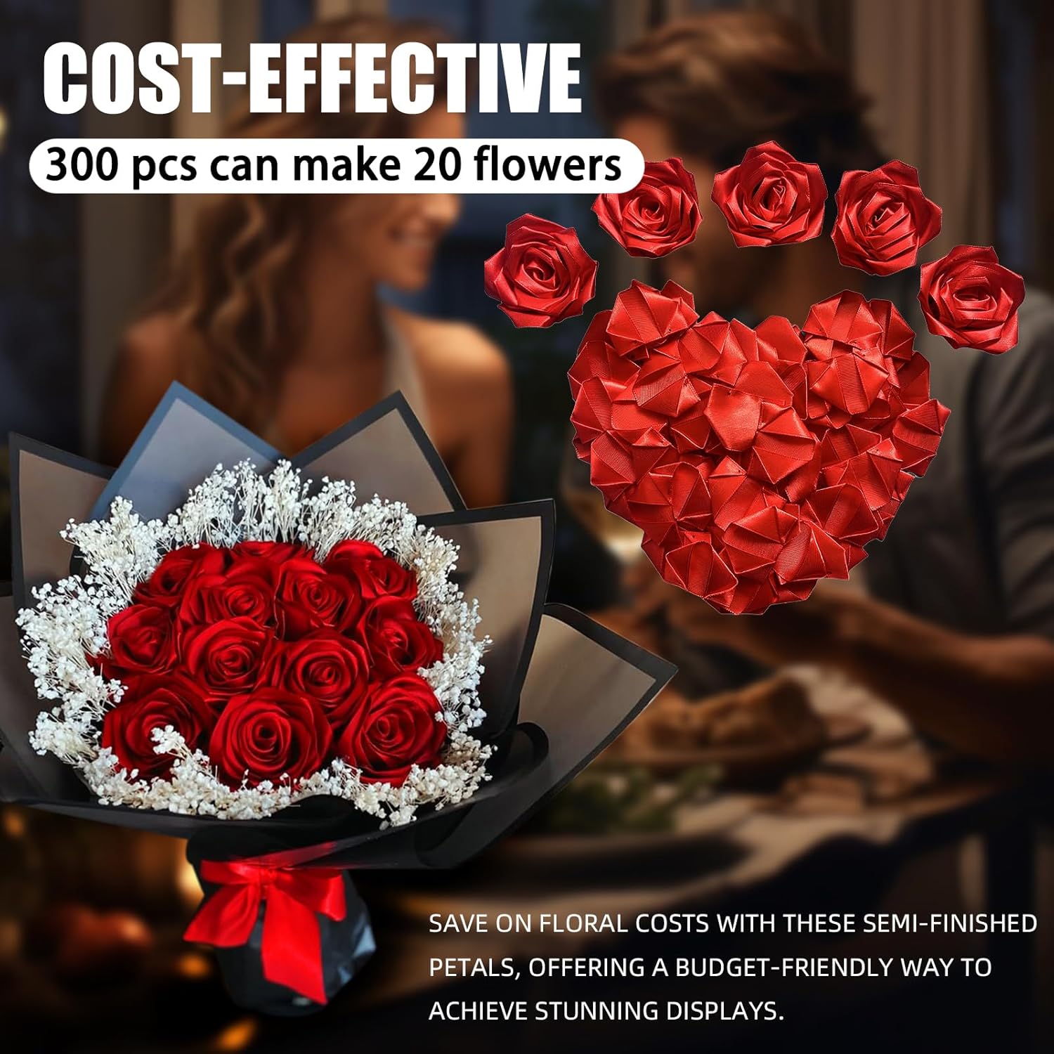 300Pcs Premade Satin Ribbon Rose Petals Half-Finished for Eternal Rose DIY Ramos Forever Flowers Bouquets Everlasting Floral,for Wedding,Anniversary,Birthday (300 Pcs Red) - Image 2