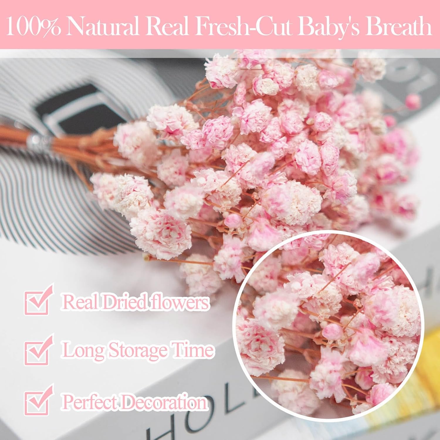 1500+ Mini Pink Dried Babys Breath Flowers, 50pcs Baby Breath Bouquet, 6'' Natural Gypsophila Bulk, Dried Flowers for Gifts, DIY Crafts, Wedding Decor, Card Making, Vase Filler, Wreath Floral - Image 4