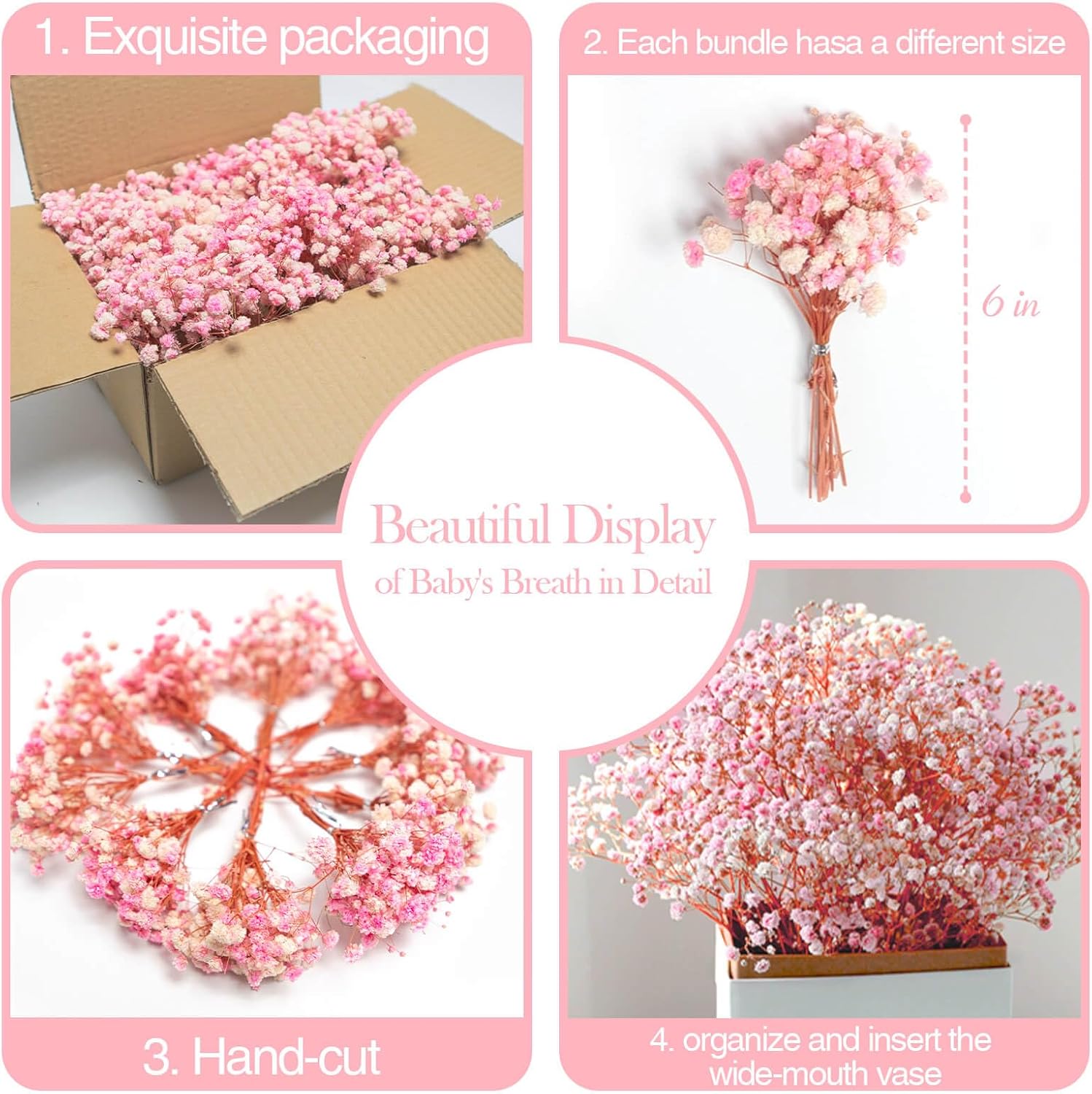 1500+ Mini Pink Dried Babys Breath Flowers, 50pcs Baby Breath Bouquet, 6'' Natural Gypsophila Bulk, Dried Flowers for Gifts, DIY Crafts, Wedding Decor, Card Making, Vase Filler, Wreath Floral - Image 5