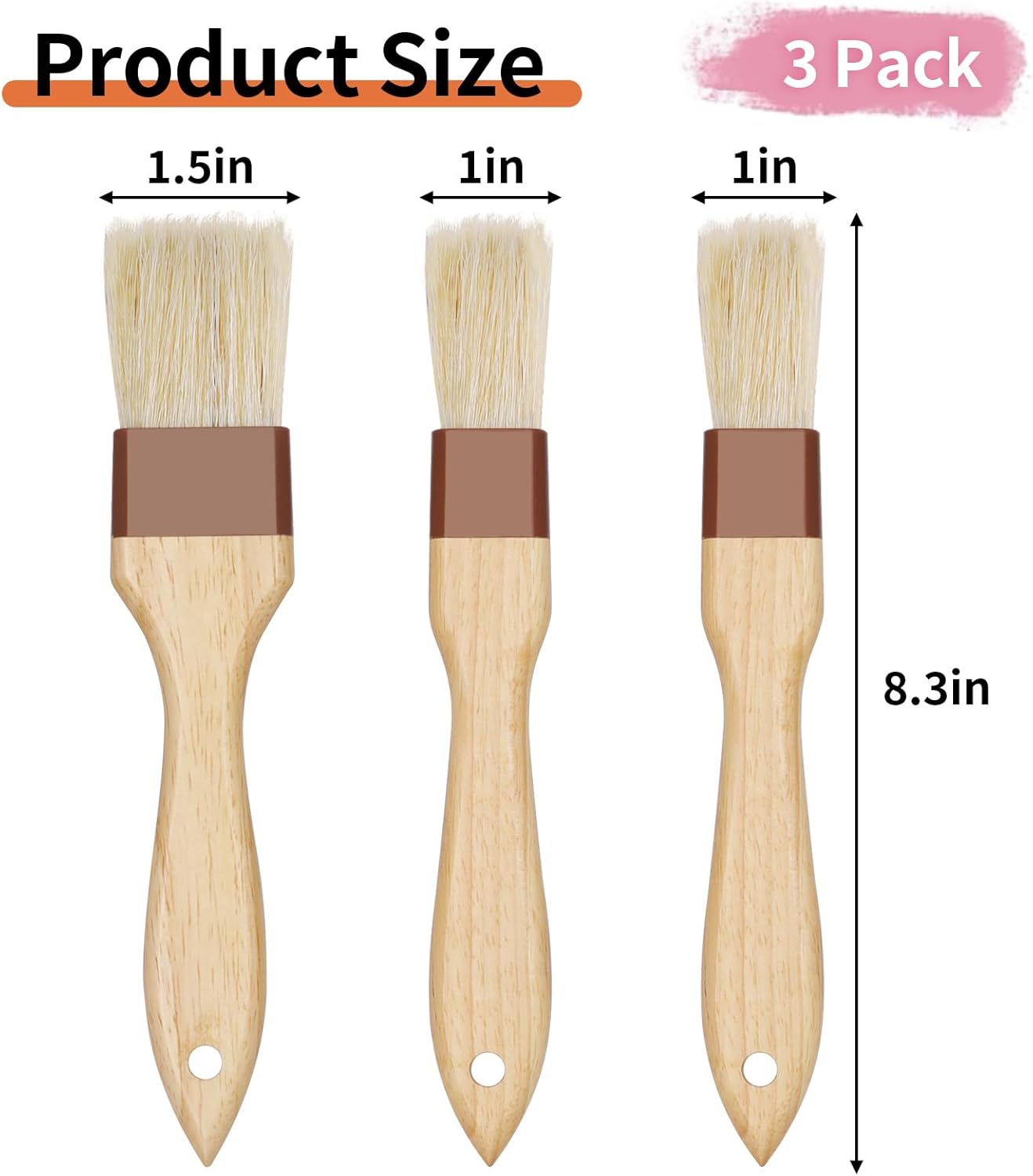 3 Pcs Pastry Brush, Natural Bristle Basting Brush, Cooking Brush, Food Brush, Butter Brush, Baster Brush, BBQ Brushes for Sauce, Kitchen Baking Brushes for Oil, Grilling, Marinade - Image 2