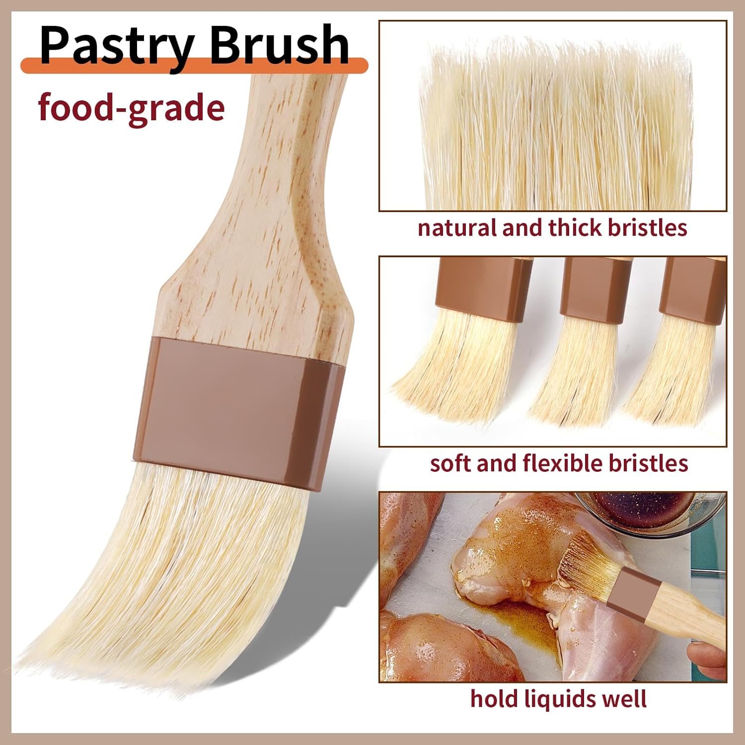 3 Pcs Pastry Brush, Natural Bristle Basting Brush, Cooking Brush, Food Brush, Butter Brush, Baster Brush, BBQ Brushes for Sauce, Kitchen Baking Brushes for Oil, Grilling, Marinade - Image 3