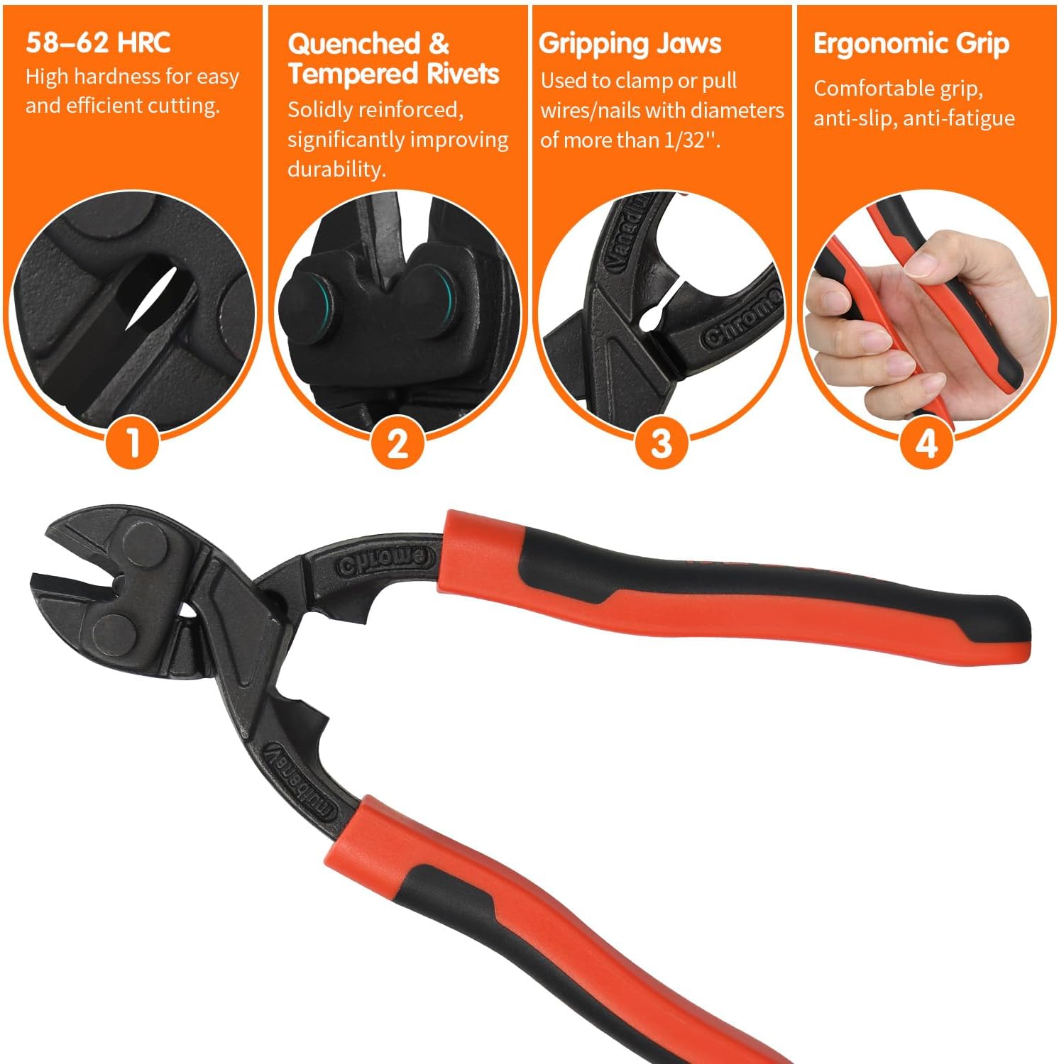 8-inch Mini Bolt Cutter, Heavy Duty Wire Cutters with Ergonomic Handle, High Hardness and High Leverage, CR-V Steel Blade for Wire, Cables, Chains, Small Screws, Nails - Image 5