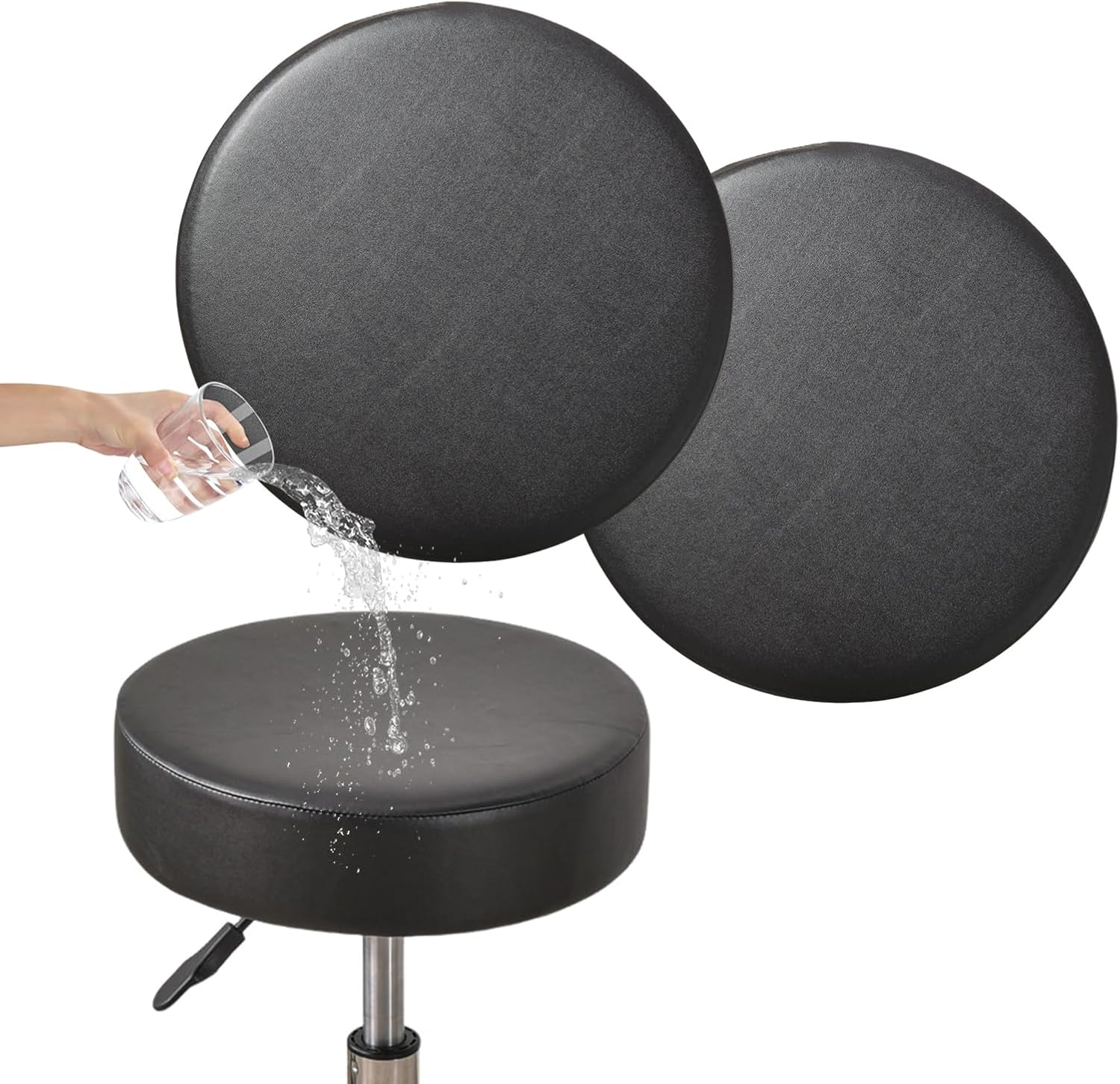 Bar Stool Covers Round Set of 2, Waterproof PU Seat Covers With Elastic Bands, Chair Covers Washable Cushion Slipcover for 12-15 Inch - Black - Image 1