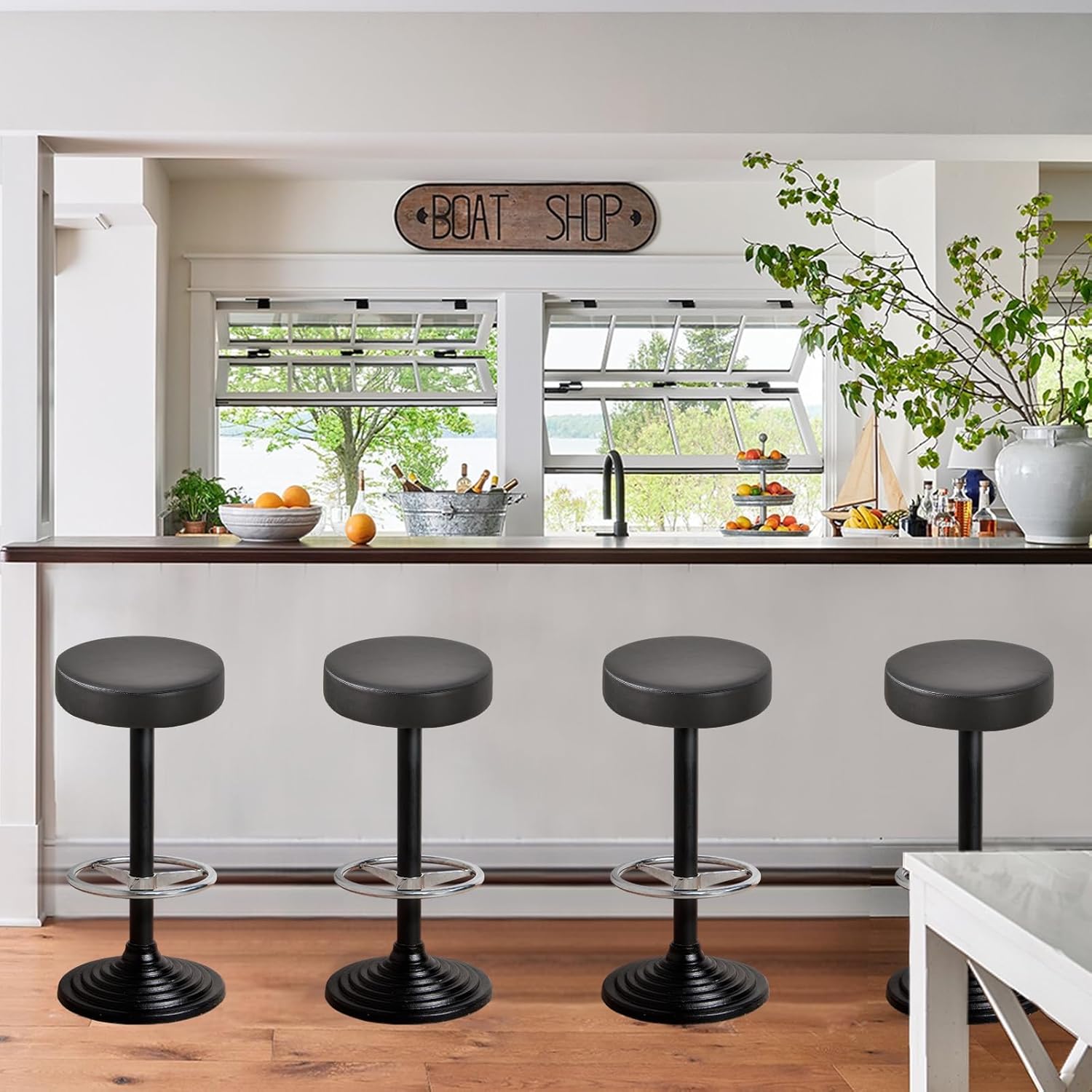 Bar Stool Covers Round Set of 2, Waterproof PU Seat Covers With Elastic Bands, Chair Covers Washable Cushion Slipcover for 12-15 Inch - Black - Image 2
