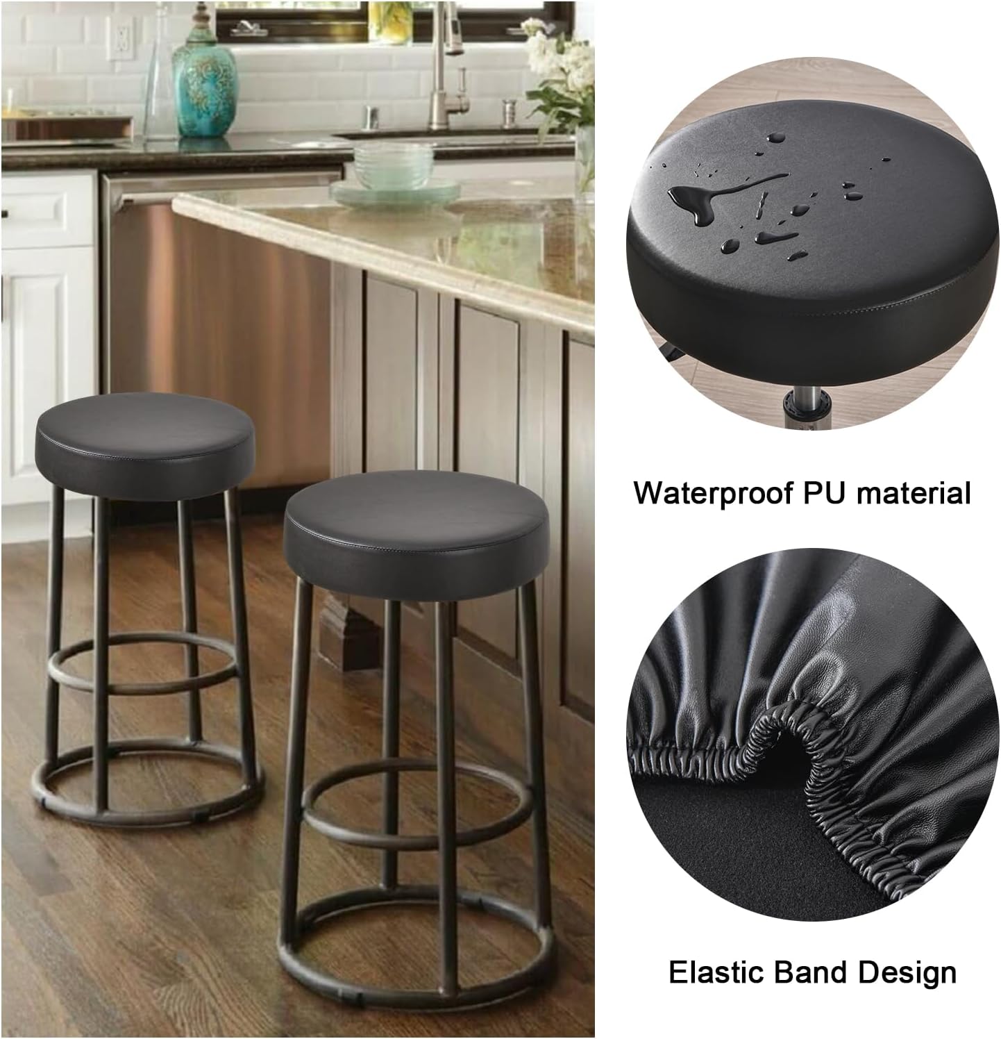 Bar Stool Covers Round Set of 2, Waterproof PU Seat Covers With Elastic Bands, Chair Covers Washable Cushion Slipcover for 12-15 Inch - Black - Image 3