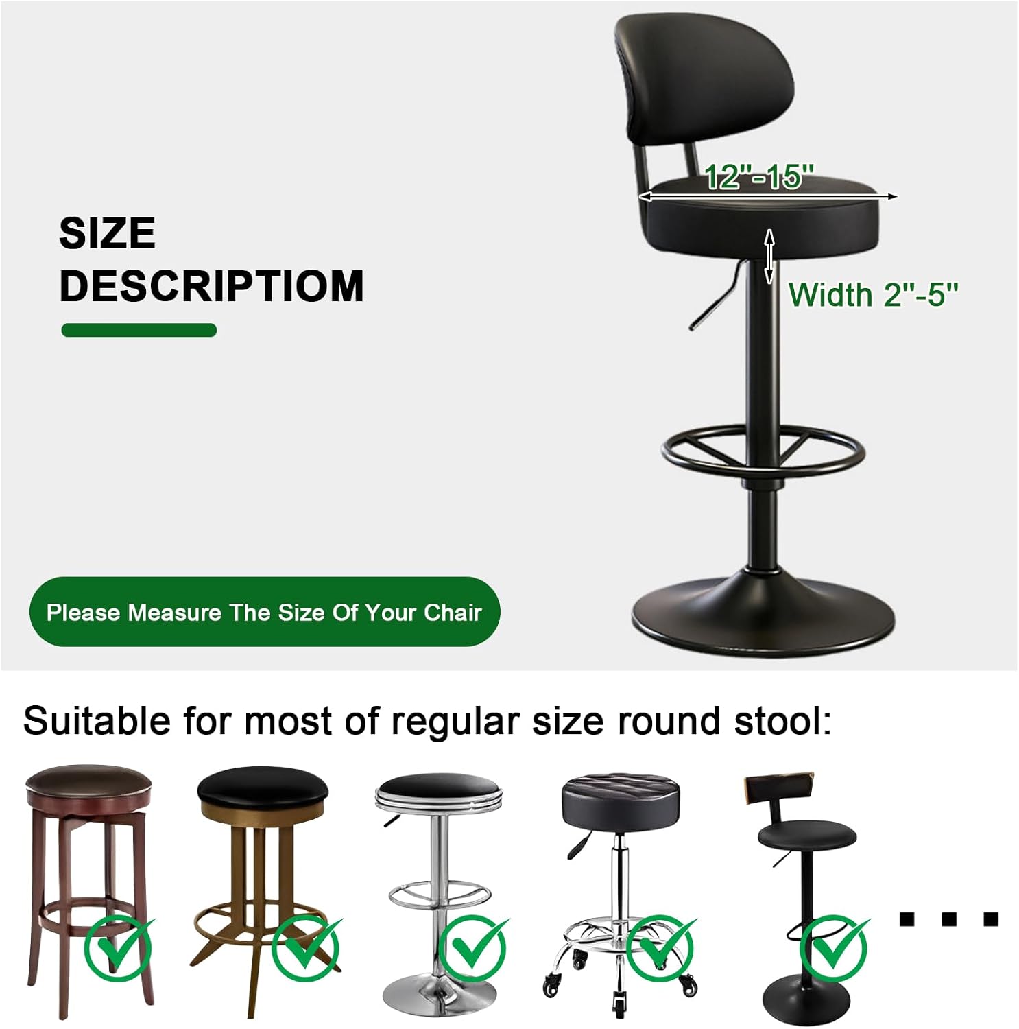 Bar Stool Covers Round Set of 2, Waterproof PU Seat Covers With Elastic Bands, Chair Covers Washable Cushion Slipcover for 12-15 Inch - Black - Image 5