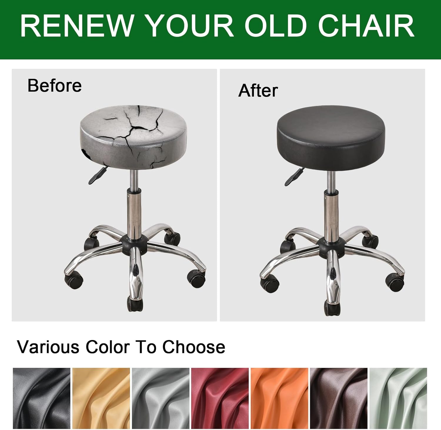 Bar Stool Covers Round Set of 2, Waterproof PU Seat Covers With Elastic Bands, Chair Covers Washable Cushion Slipcover for 12-15 Inch - Black - Image 6