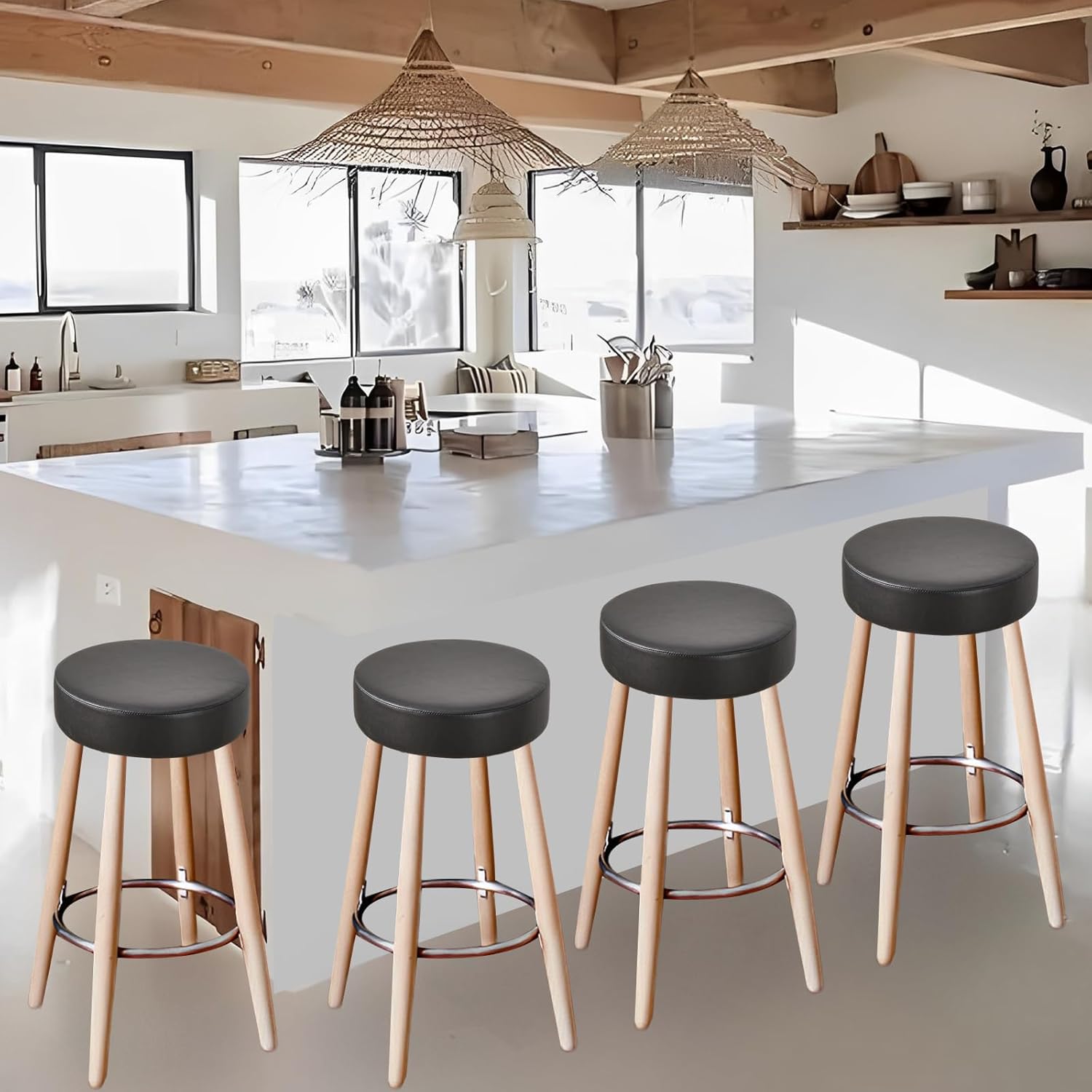 Bar Stool Covers Round Set of 2, Waterproof PU Seat Covers With Elastic Bands, Chair Covers Washable Cushion Slipcover for 12-15 Inch - Black - Image 8
