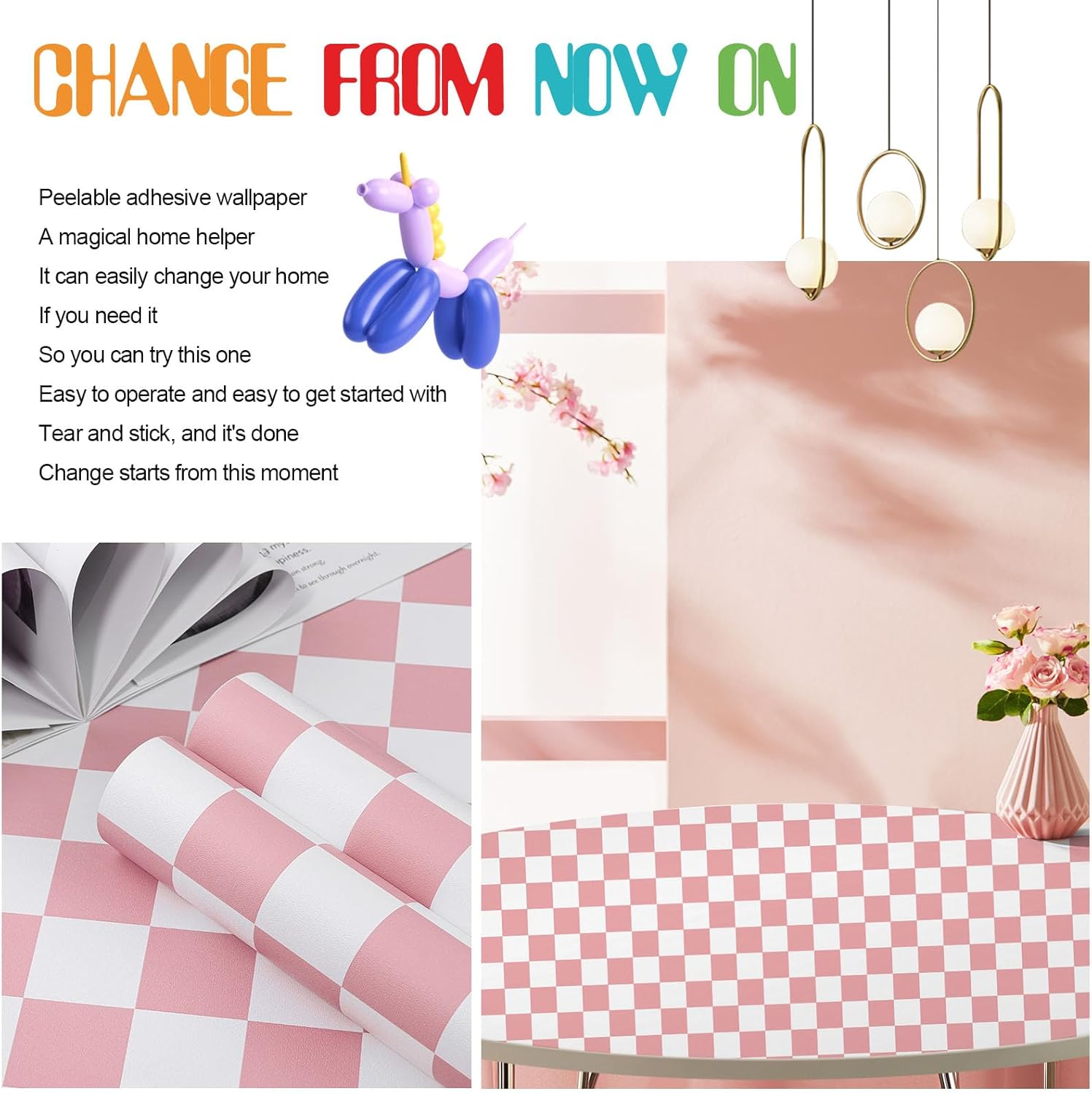 Checkered Wallpaper Peel and Stick Pink Mosaic Checkerboard Contact Paper 17.3”X120”Modern Self Adhesive Vinyl Removable Wall Paper for Shelf Liner,Classroom,Cabinets,Living Room - Image 2
