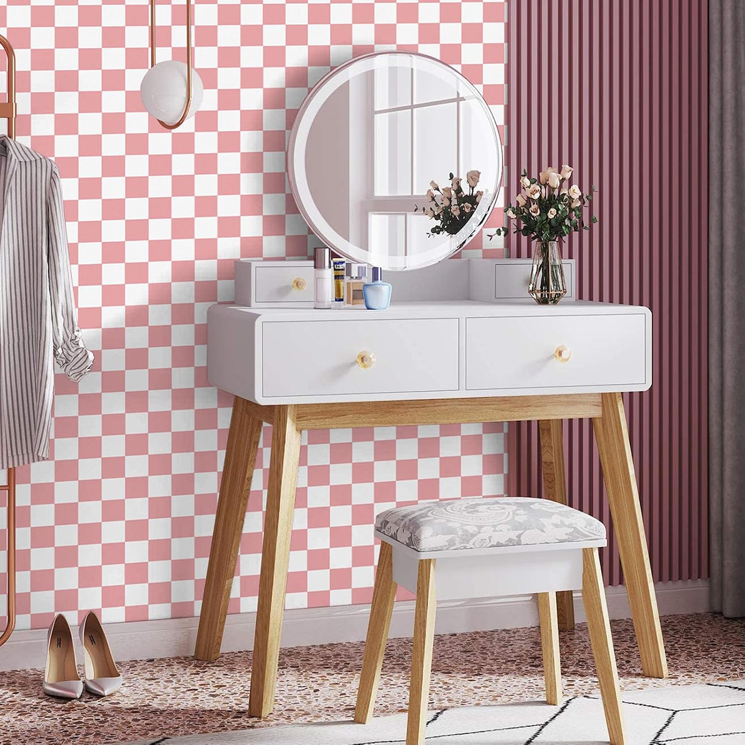 Checkered Wallpaper Peel and Stick Pink Mosaic Checkerboard Contact Paper 17.3”X120”Modern Self Adhesive Vinyl Removable Wall Paper for Shelf Liner,Classroom,Cabinets,Living Room - Image 7