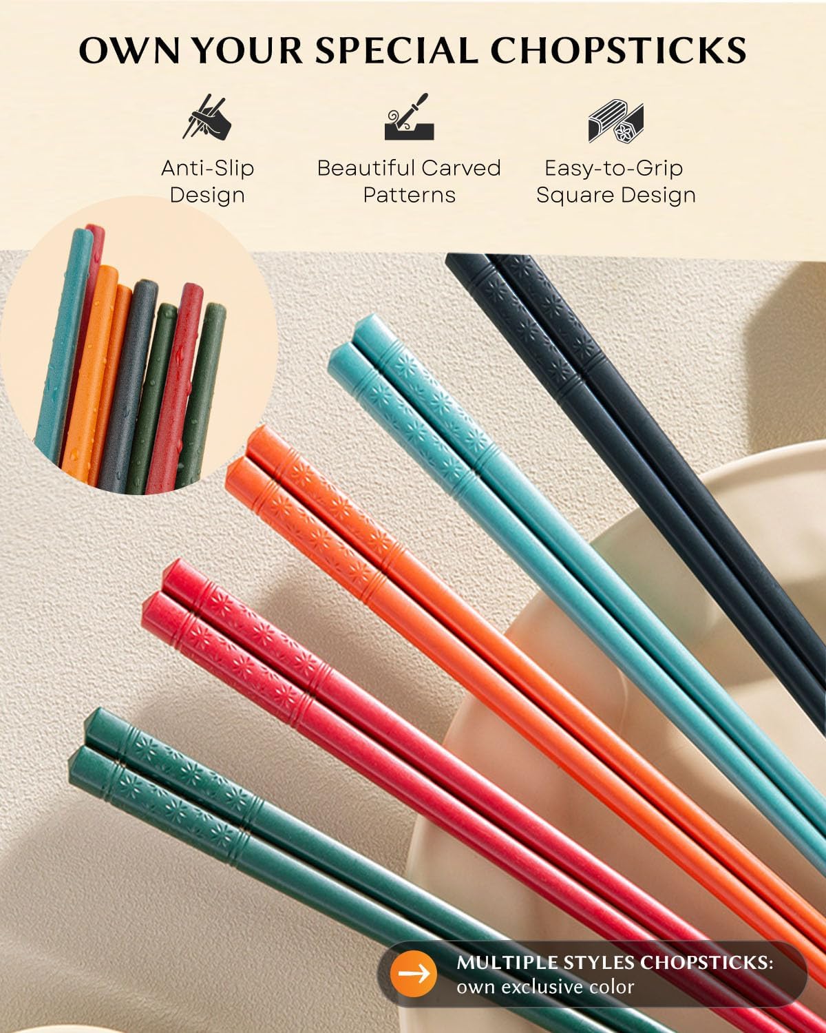 5 Pairs Reusable Training Chopsticks, 9.45 Inch Dishwasher Safe Fiberglass Japanese Training Chopsticks for Beginner, Non-Slip, Easy to Use(colorful) - Image 2