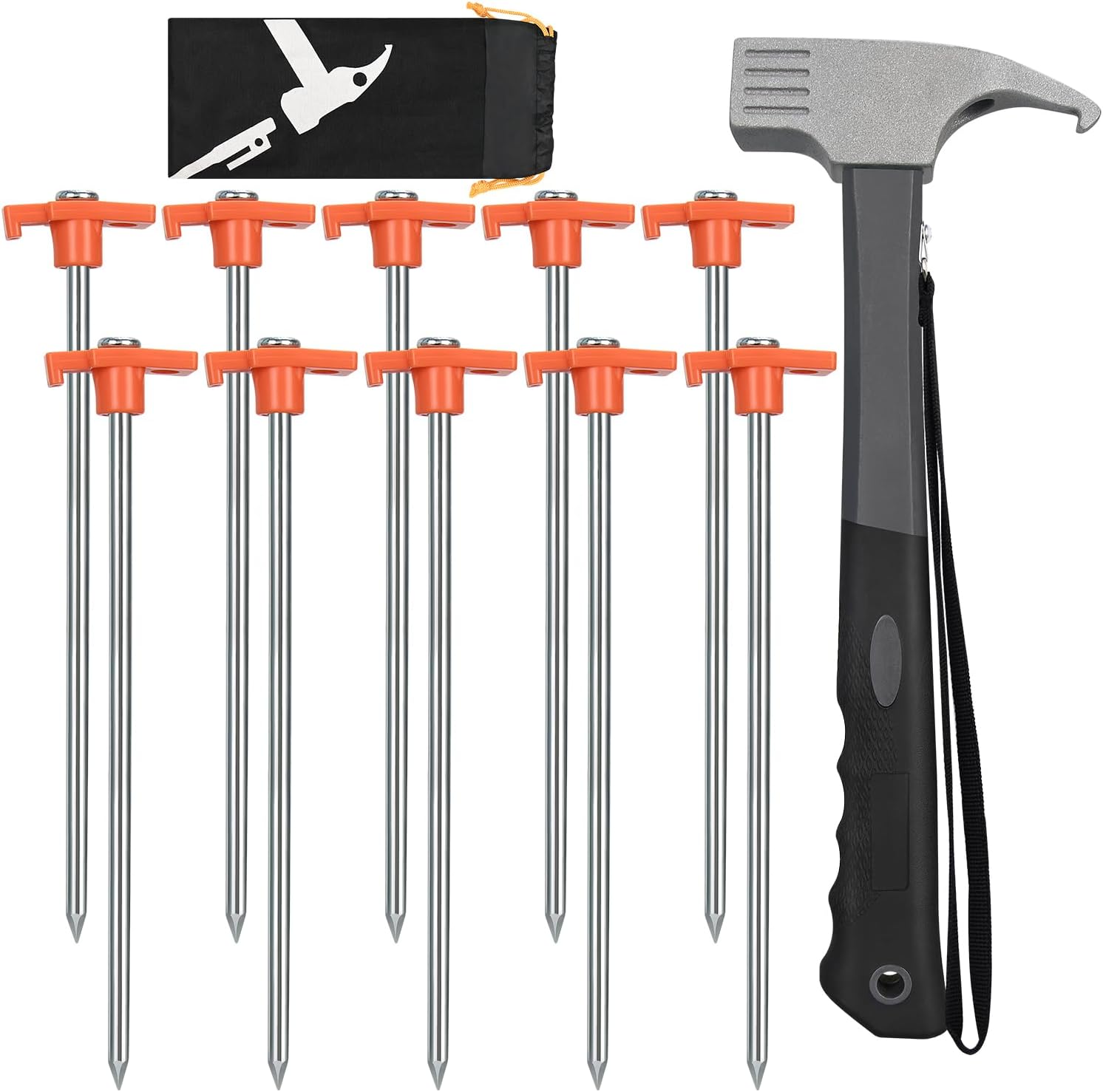 10 Pack 10in Heavy Duty Tent Stakes and Hammer Set, with Storage Pouch, for Outdoor Camping Tent, Tarp, Canopy, Picnic, Shade - Image 1