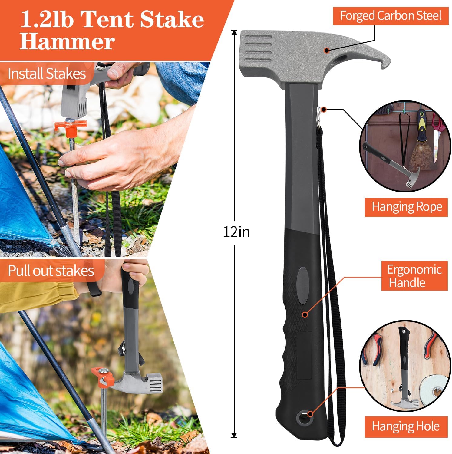 10 Pack 10in Heavy Duty Tent Stakes and Hammer Set, with Storage Pouch, for Outdoor Camping Tent, Tarp, Canopy, Picnic, Shade - Image 3