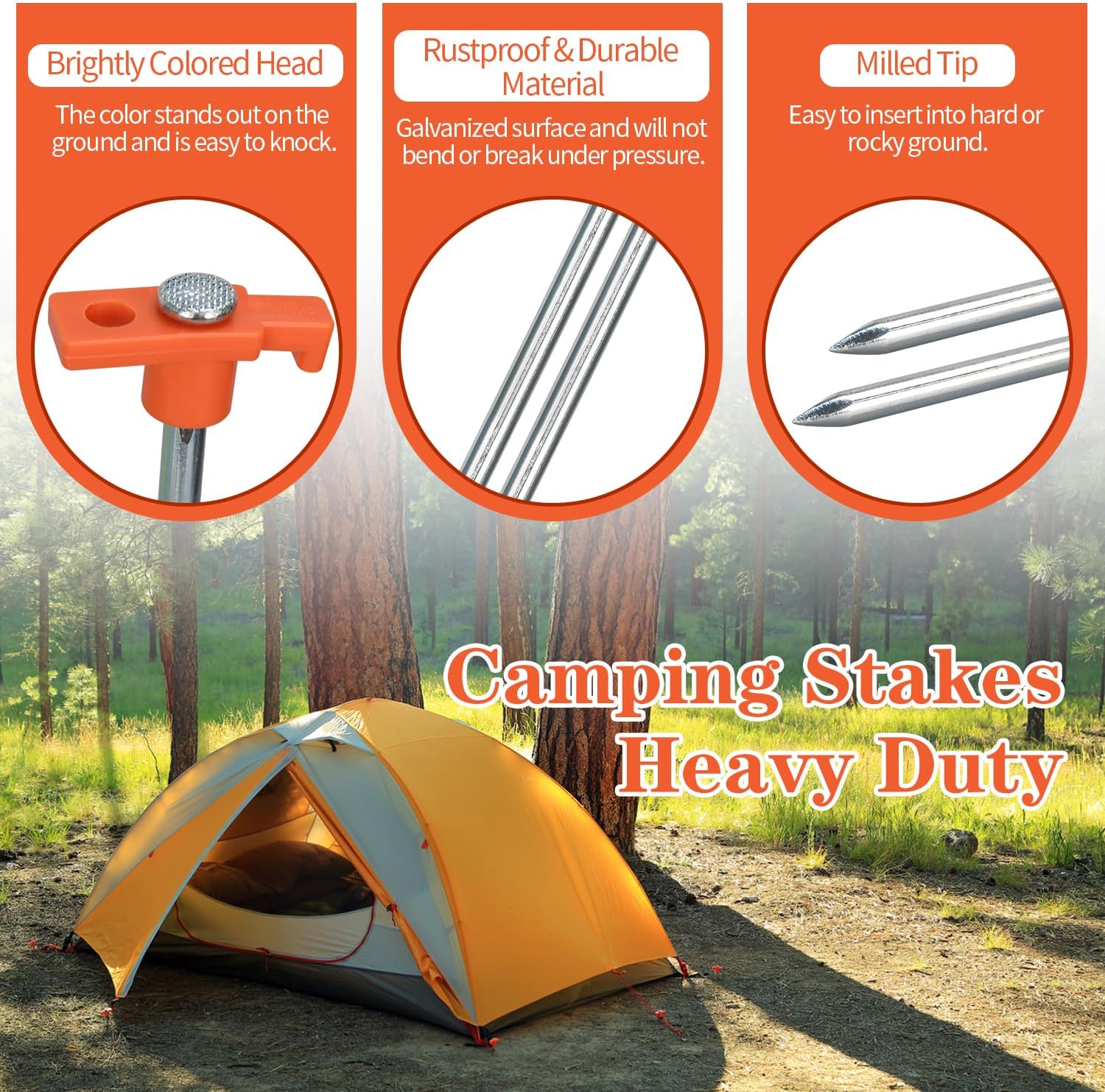 10 Pack 10in Heavy Duty Tent Stakes and Hammer Set, with Storage Pouch, for Outdoor Camping Tent, Tarp, Canopy, Picnic, Shade - Image 4