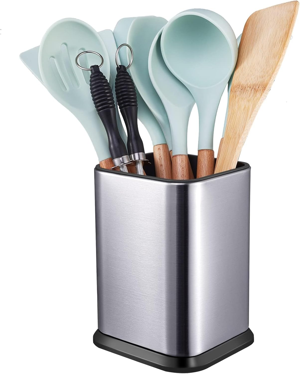 Stainless Steel Kitchen Utensil Holder for Countertop, Spoon Spatula Organizer,Modern Rectangular Large Cooking Utensil Caddy Counter,Utensil Crock Silver - Image 1