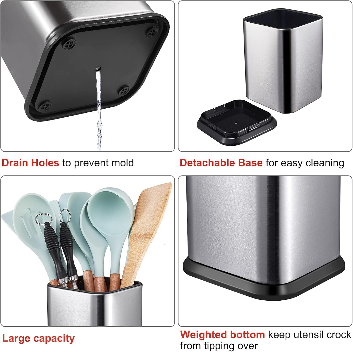 Stainless Steel Kitchen Utensil Holder for Countertop, Spoon Spatula Organizer,Modern Rectangular Large Cooking Utensil Caddy Counter,Utensil Crock Silver - Image 3