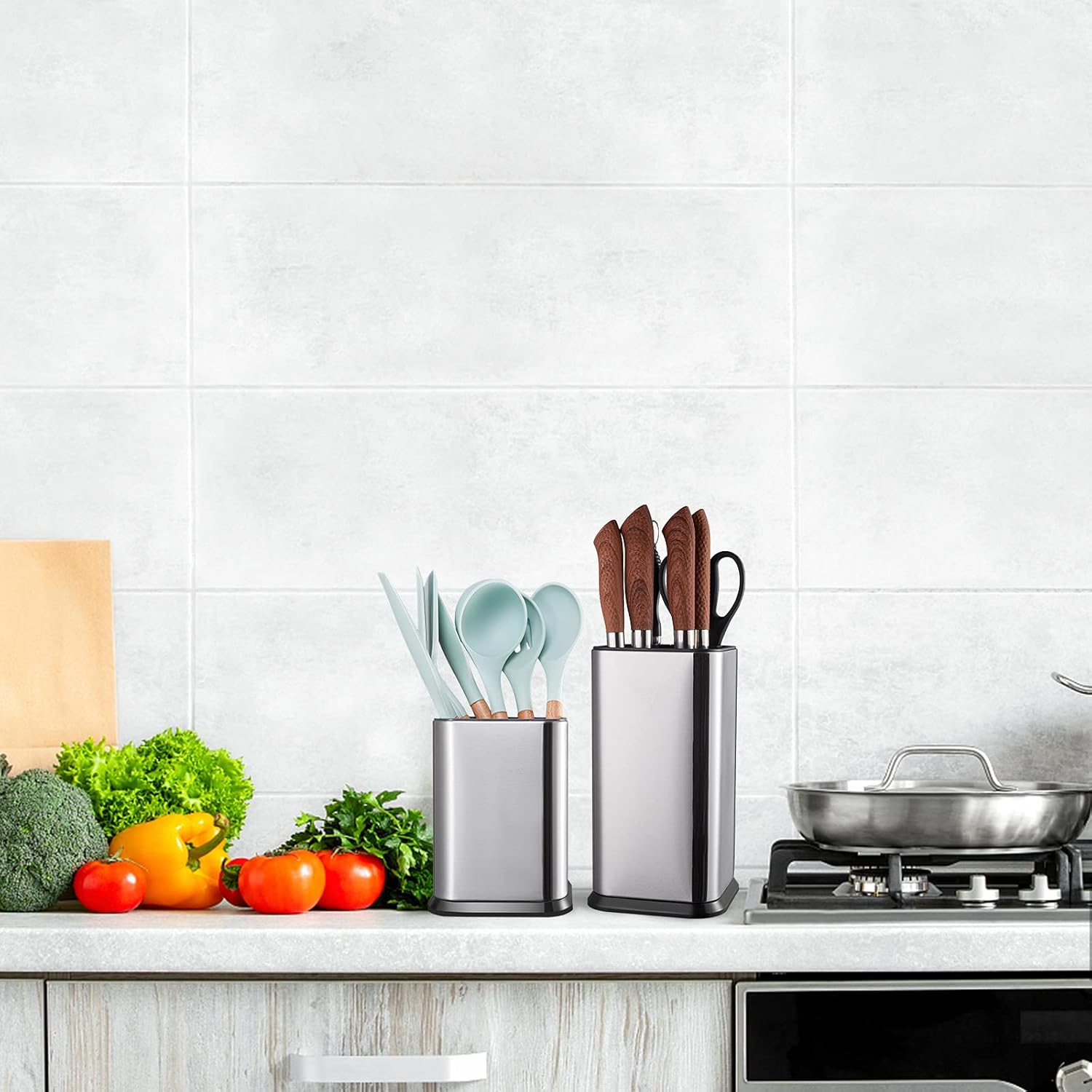 Stainless Steel Kitchen Utensil Holder for Countertop, Spoon Spatula Organizer,Modern Rectangular Large Cooking Utensil Caddy Counter,Utensil Crock Silver - Image 6