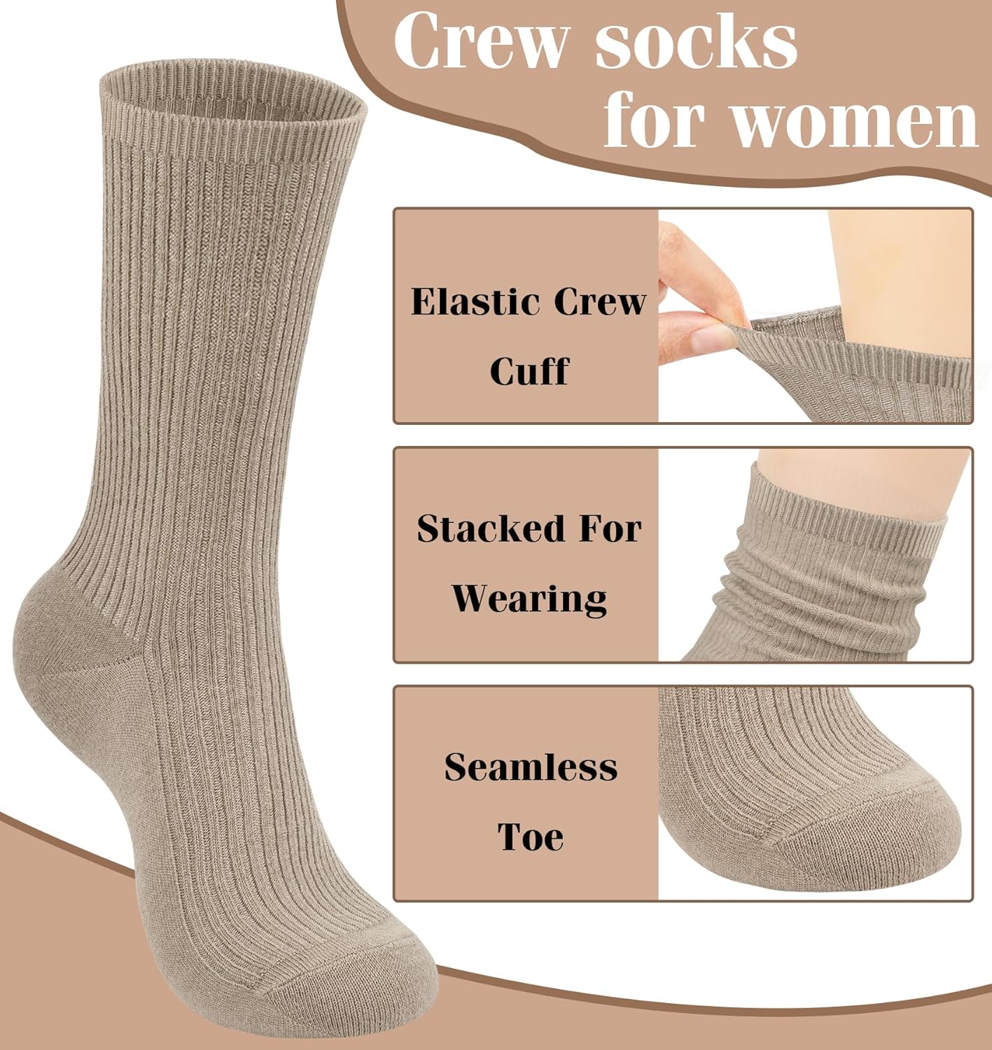 Women's Cotton Crew Socks 6 Pairs, Long Cute Aesthetic Neutral Athletic Boot Socks for Women Stocking Stuffers Gifts - Image 2