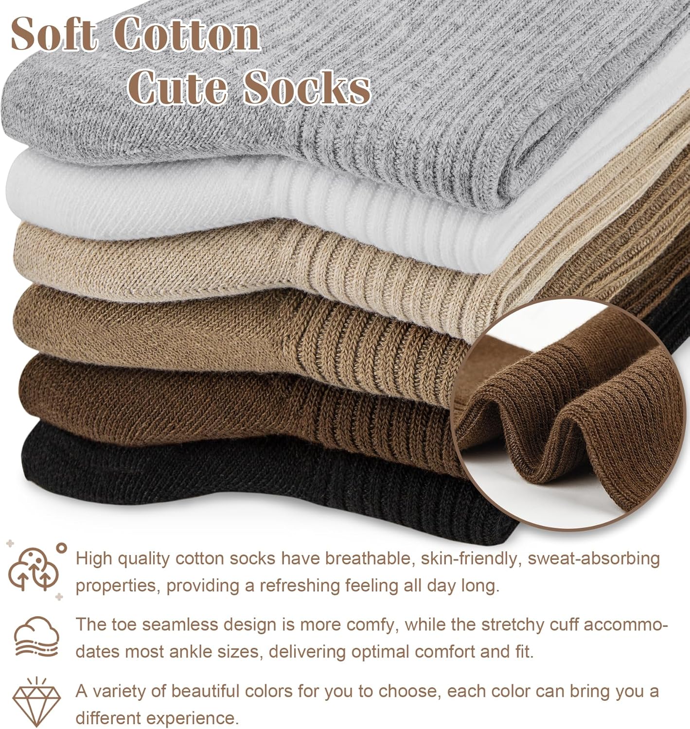 Women's Cotton Crew Socks 6 Pairs, Long Cute Aesthetic Neutral Athletic Boot Socks for Women Stocking Stuffers Gifts - Image 4